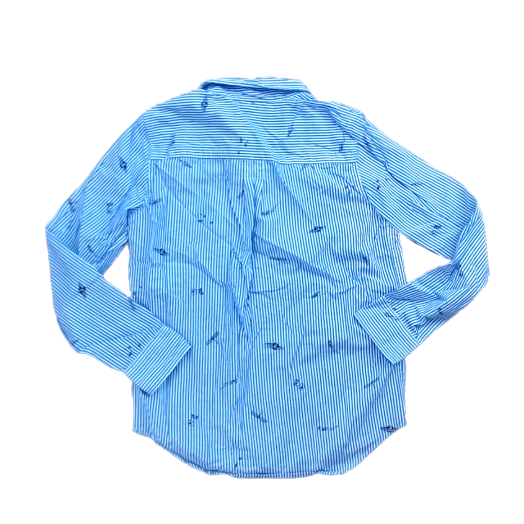 Rockets Of Awesome Boys White and Blue Stripes \ Black Space Icons Button Down Long Sleeve Size: 4 - 5 Years White and Blue Stripes \ Black Space Icons