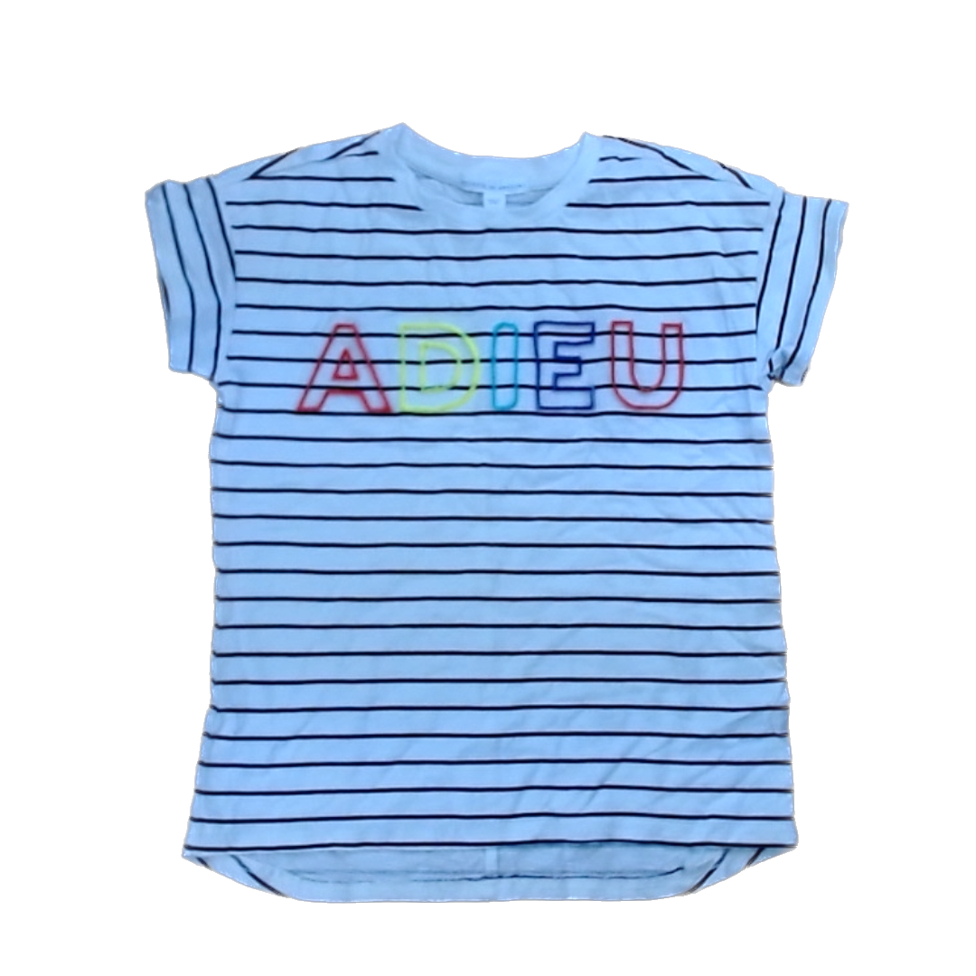 Rockets Of Awesome Girls White and Navy Stripes | Rainbow Adieu Short Sleeve Shirt Size: 6 Years White and Navy Stripes | Rainbow Adieu