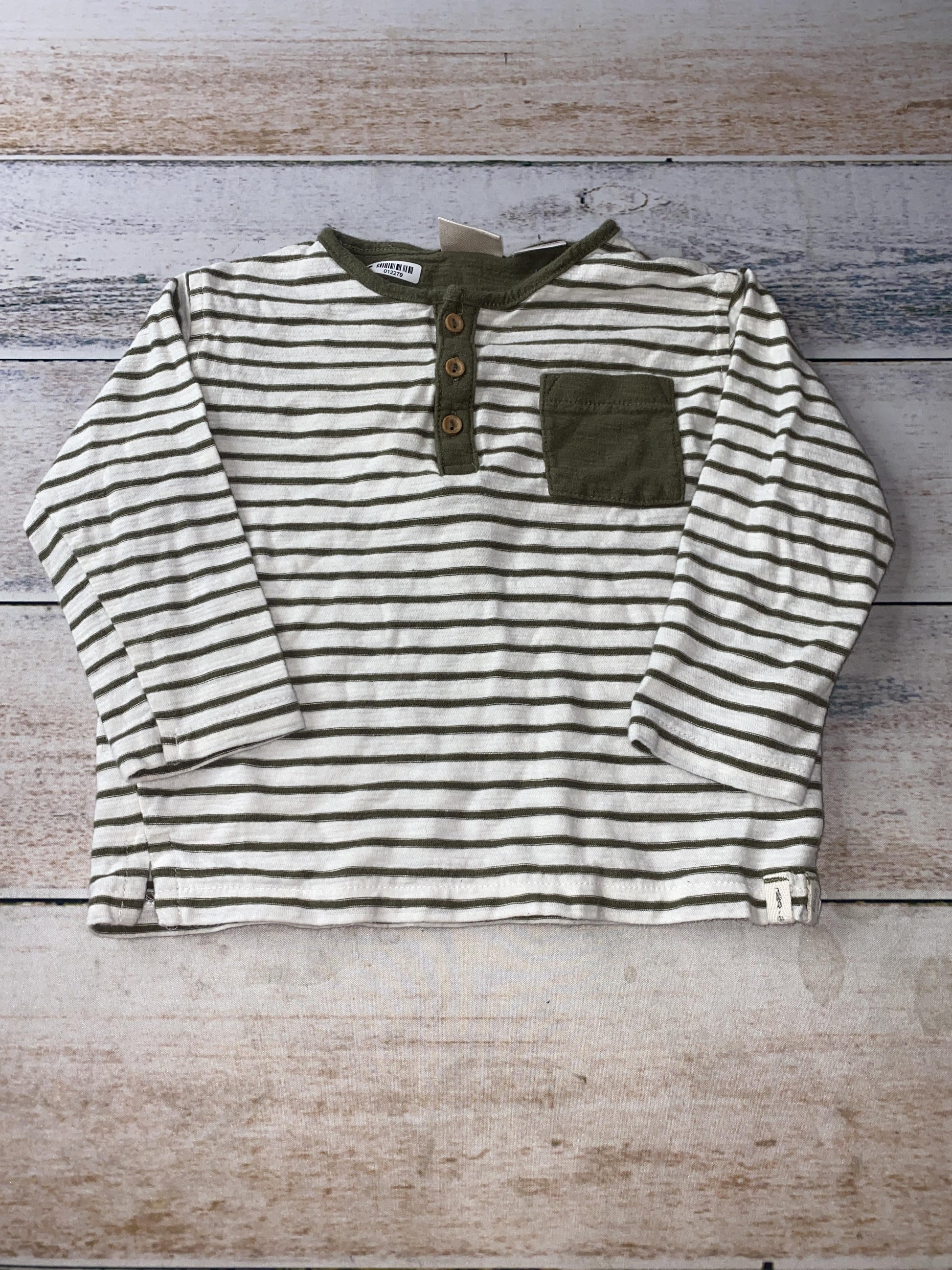 Zara Boys White | Army Green | Stripe Long Sleeve T-Shirt Size: 9-12 Months White | Army Green | Stripe