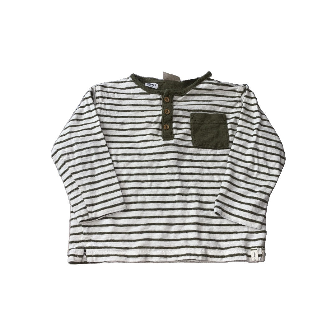 Zara Boys White | Army Green | Stripe Long Sleeve T-Shirt Size: 9-12 Months White | Army Green | Stripe