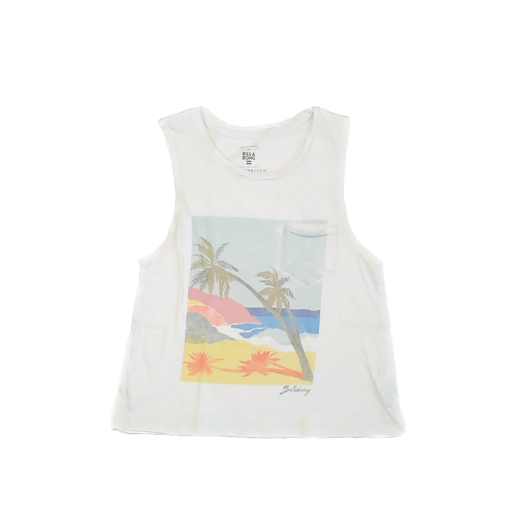 Billabong Girls White | Beach Graphic Tank Top Size: XS White | Beach Graphic