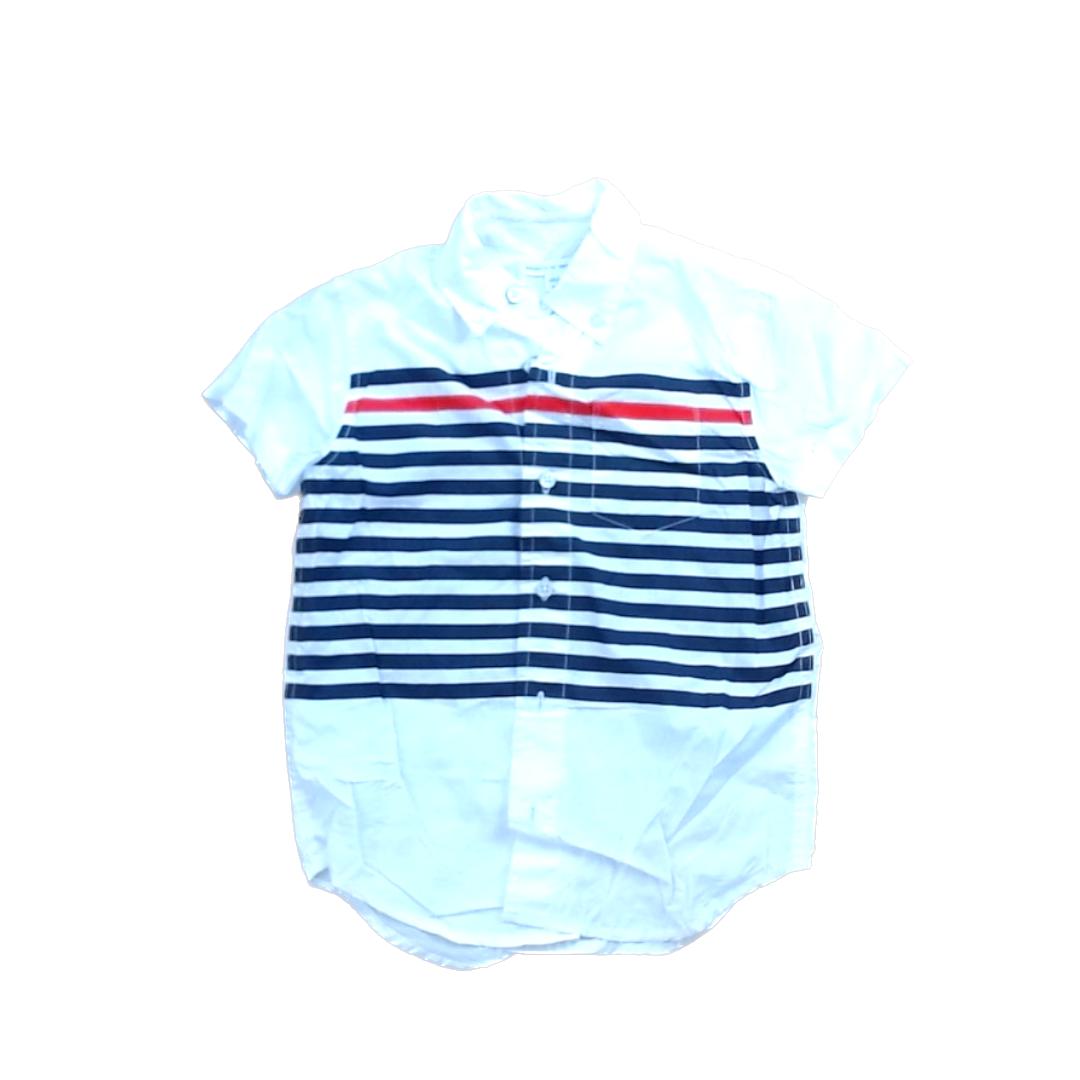 Rockets Of Awesome Boys White | Black and Red Stripes Button Down Short Sleeve Size: 6 - 7 Years White | Black and Red Stripes