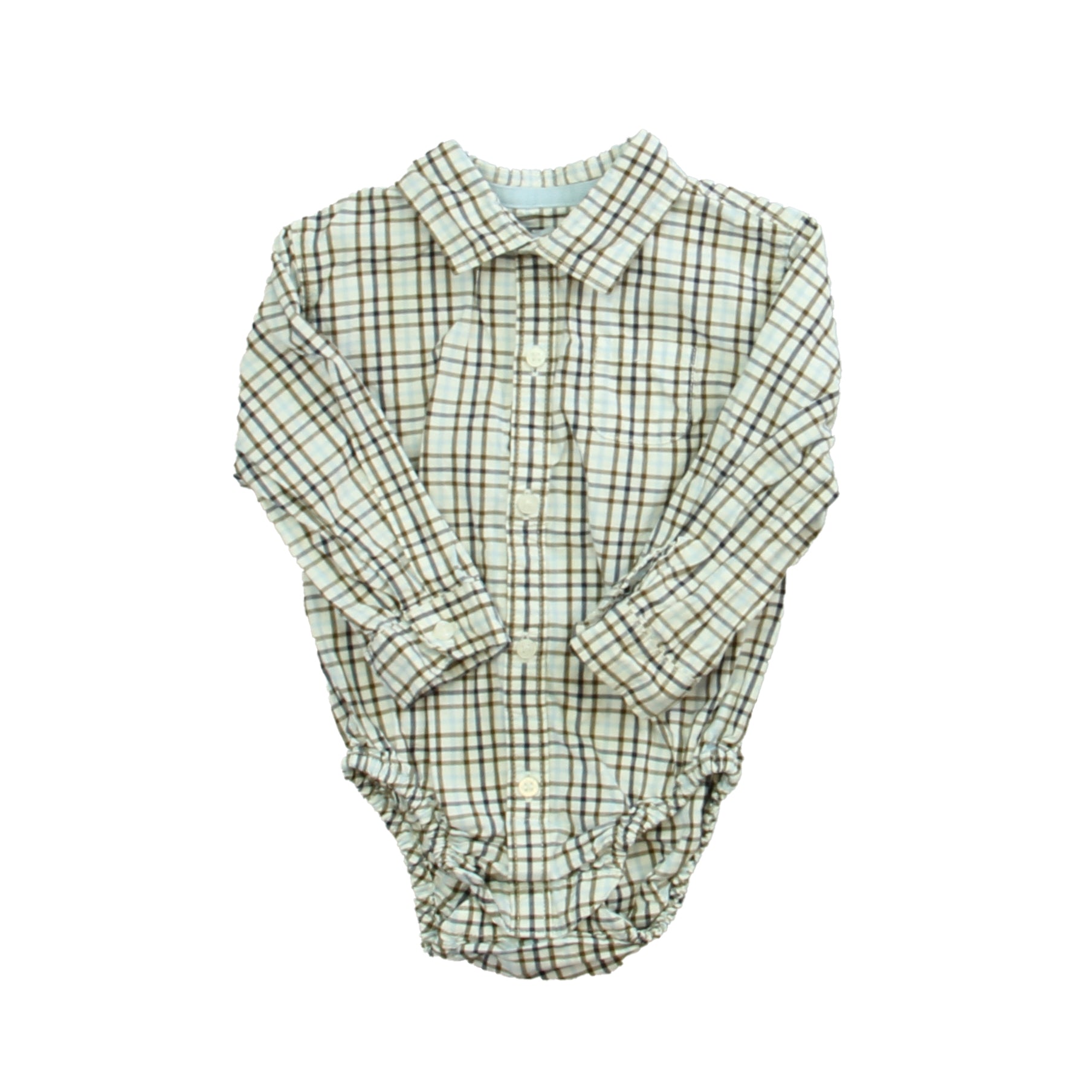 Janie and Jack Boys White | Blue | Brown Plaid Button Down Long Sleeve Size: 12-18 Months White | Blue | Brown Plaid