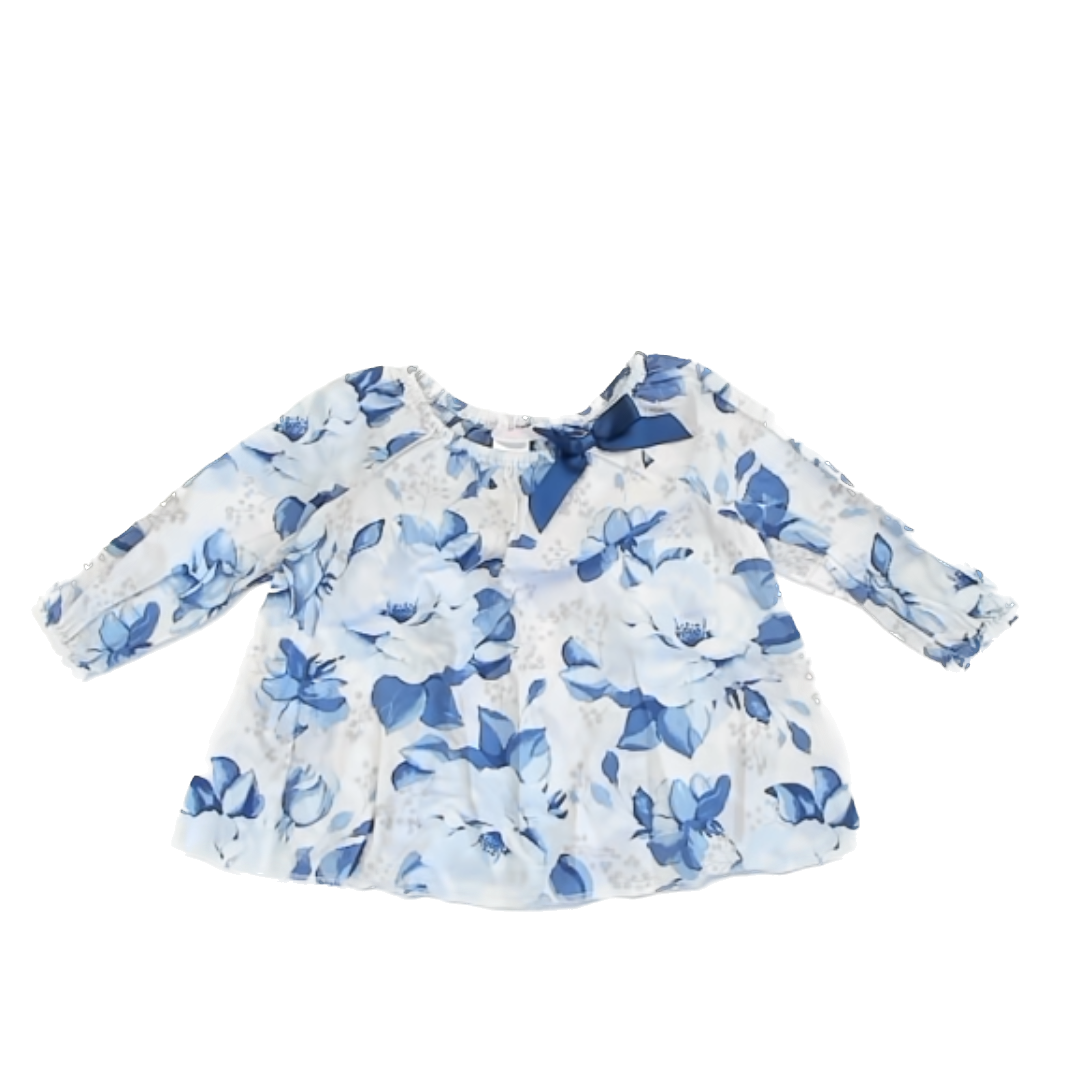 Janie and Jack Girls White | Blue Floral Long Sleeve Shirt Size: 12-18 Months White | Blue Floral