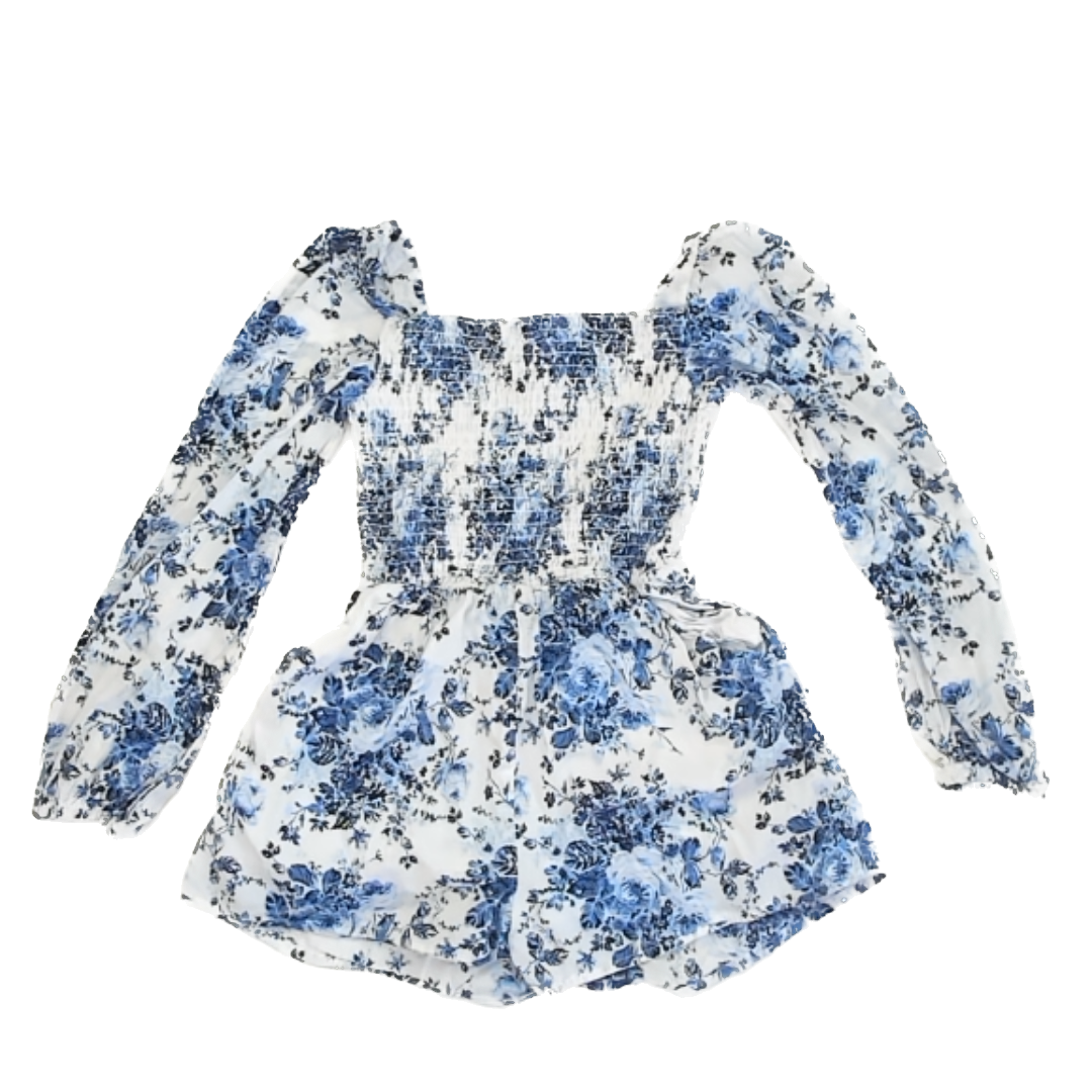Janie and Jack Girls White | Blue Floral Romper Size: 5T White | Blue Floral