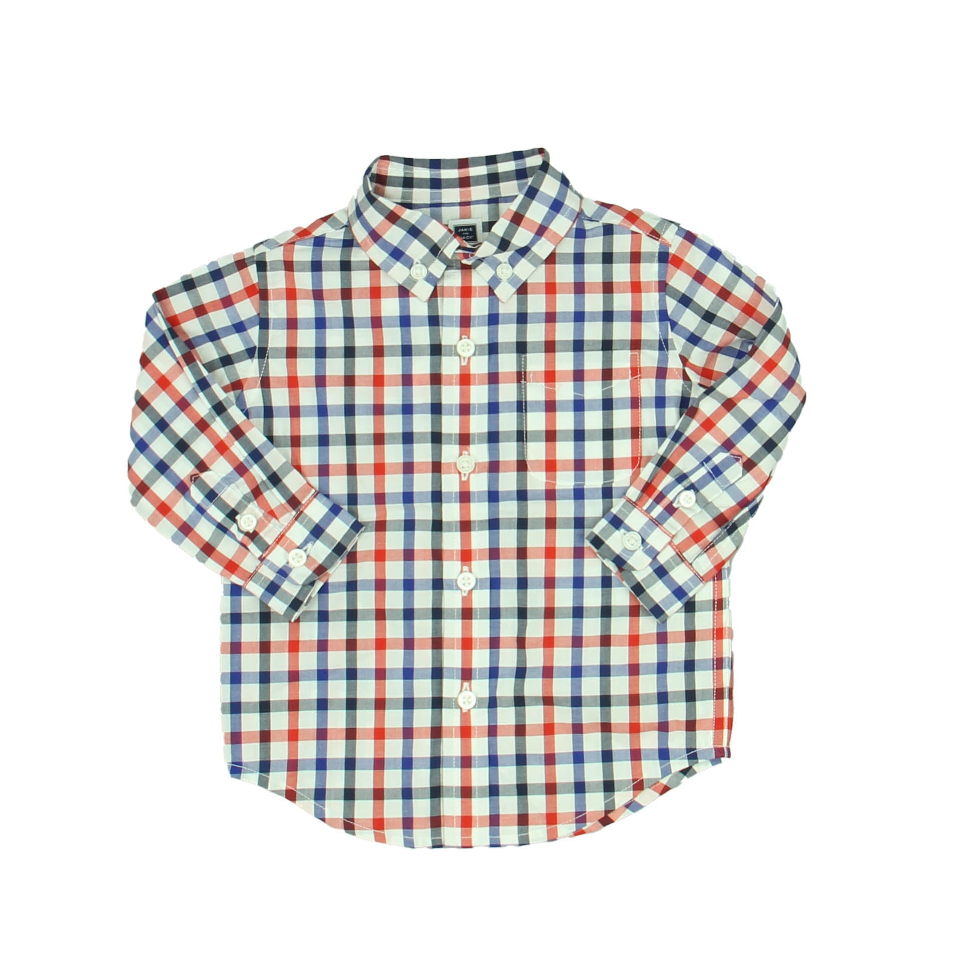 Janie and Jack Boys White | Blue | Red Button Down Long Sleeve Size: 6-12 Months White | Blue | Red