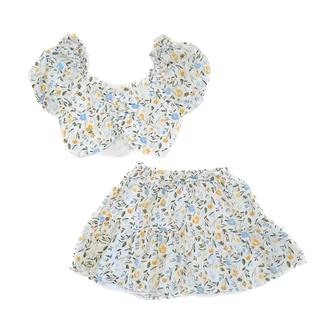 Japna Girls White | Blue & Yellow Floral Apparel Sets Size: M White | Blue & Yellow Floral