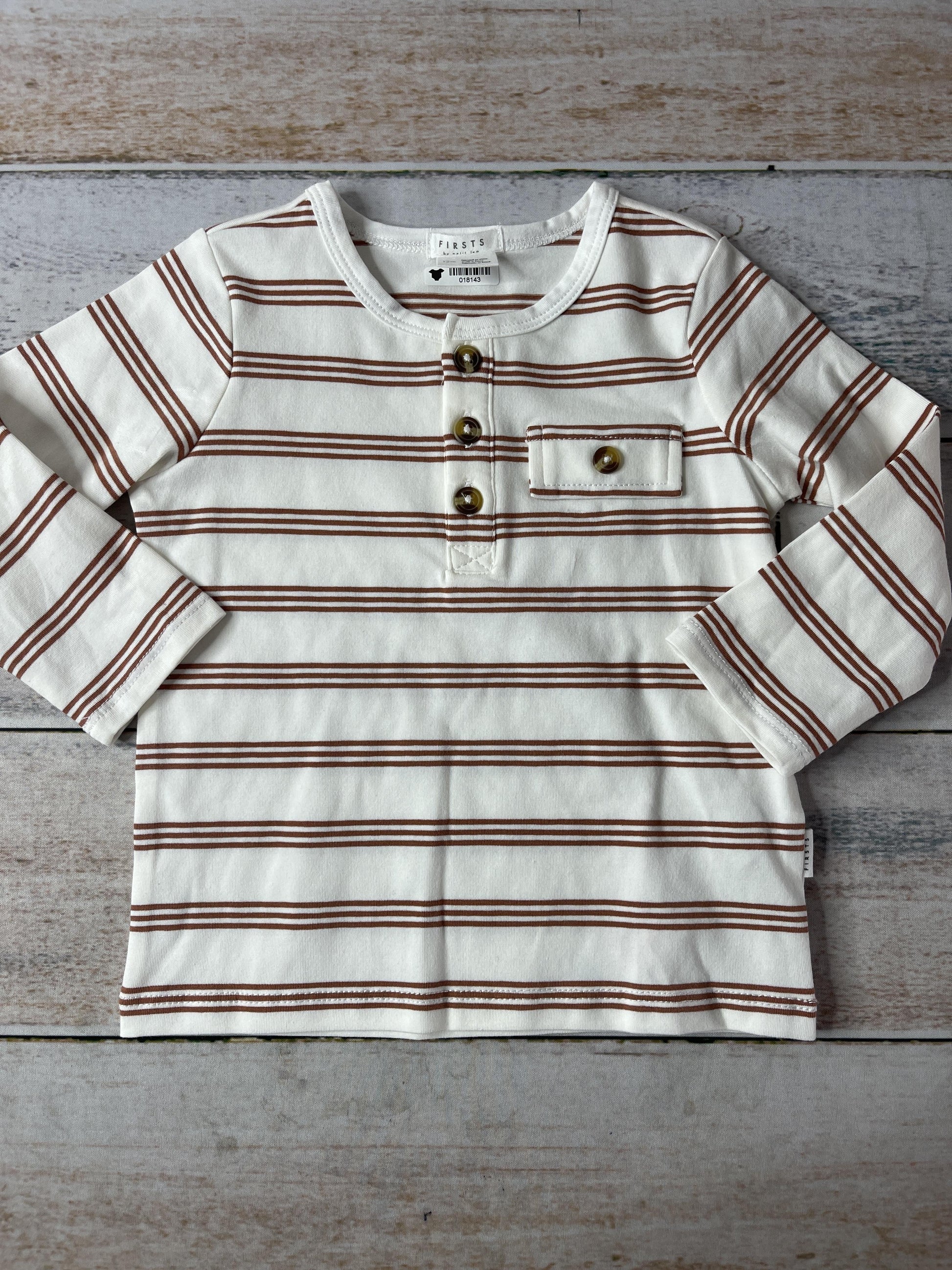 Firsts Boys White | Brown | Stripe Long Sleeve T-Shirt Size: 12 months White | Brown | Stripe