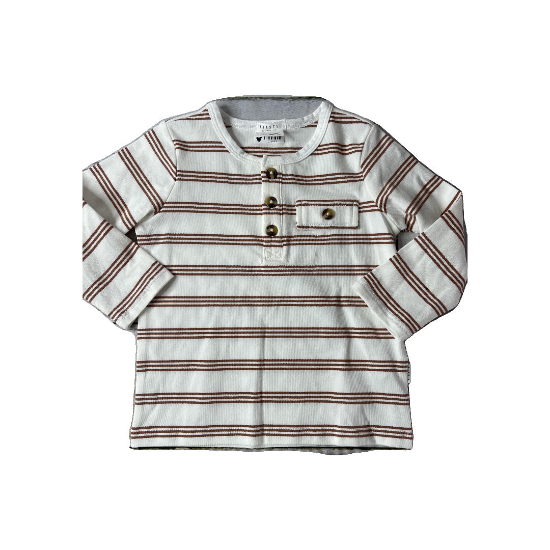 Firsts Boys White | Brown | Stripe Long Sleeve T-Shirt Size: 12 months White | Brown | Stripe