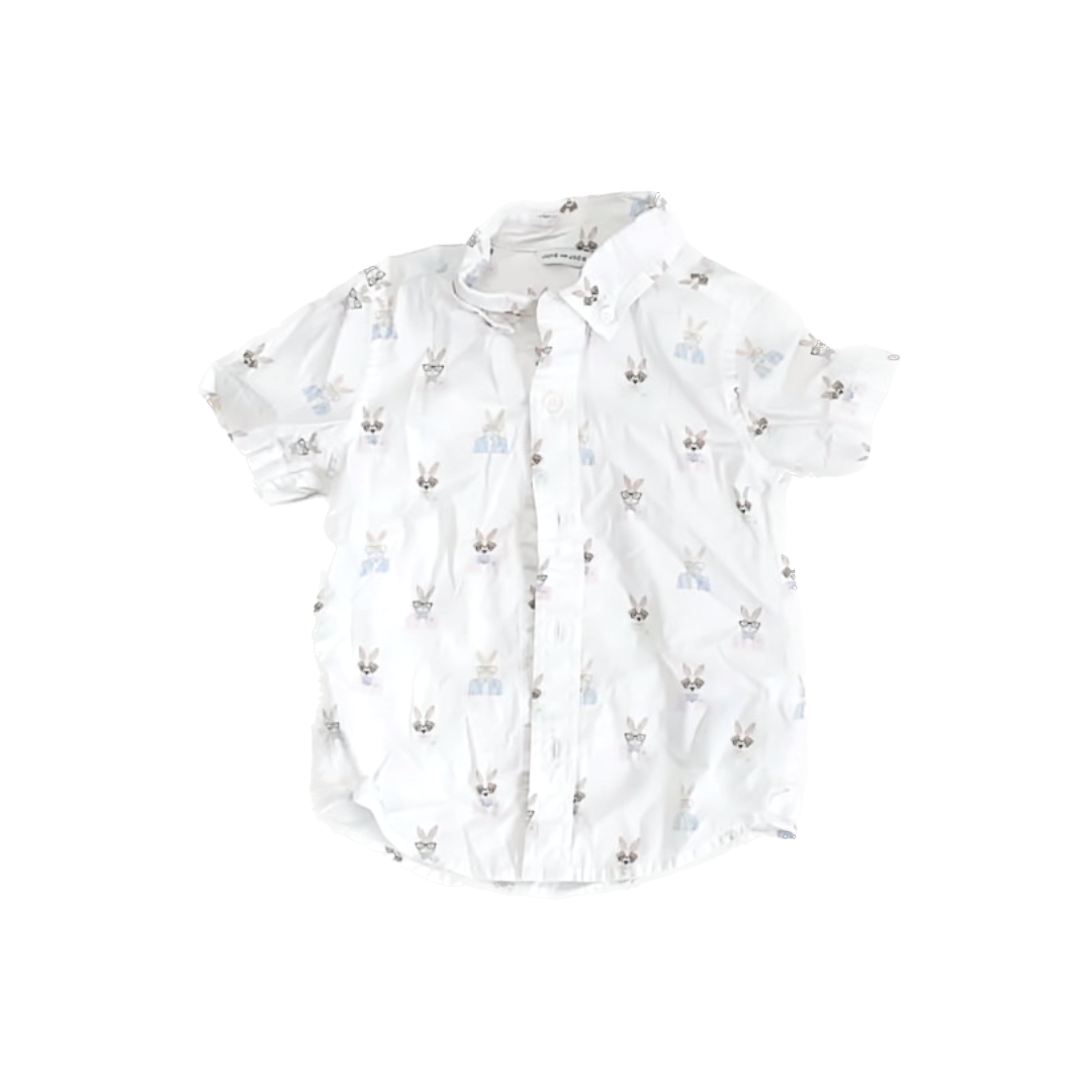 Janie and Jack Boys White Bunnies Button Down Short Sleeve Size: 2T White Bunnies