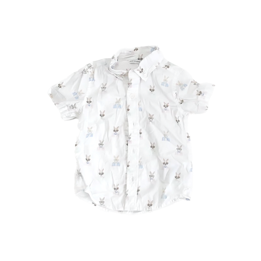 Janie and Jack Boys White Bunnies Button Down Short Sleeve Size: 2T White Bunnies