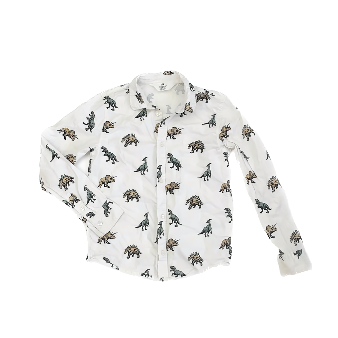 H&M Boys White | Dinosaurs Button Down Long Sleeve Size: 8 White | Dinosaurs