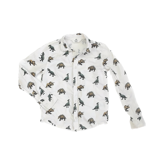 H&M Boys White | Dinosaurs Button Down Long Sleeve Size: 8 White | Dinosaurs