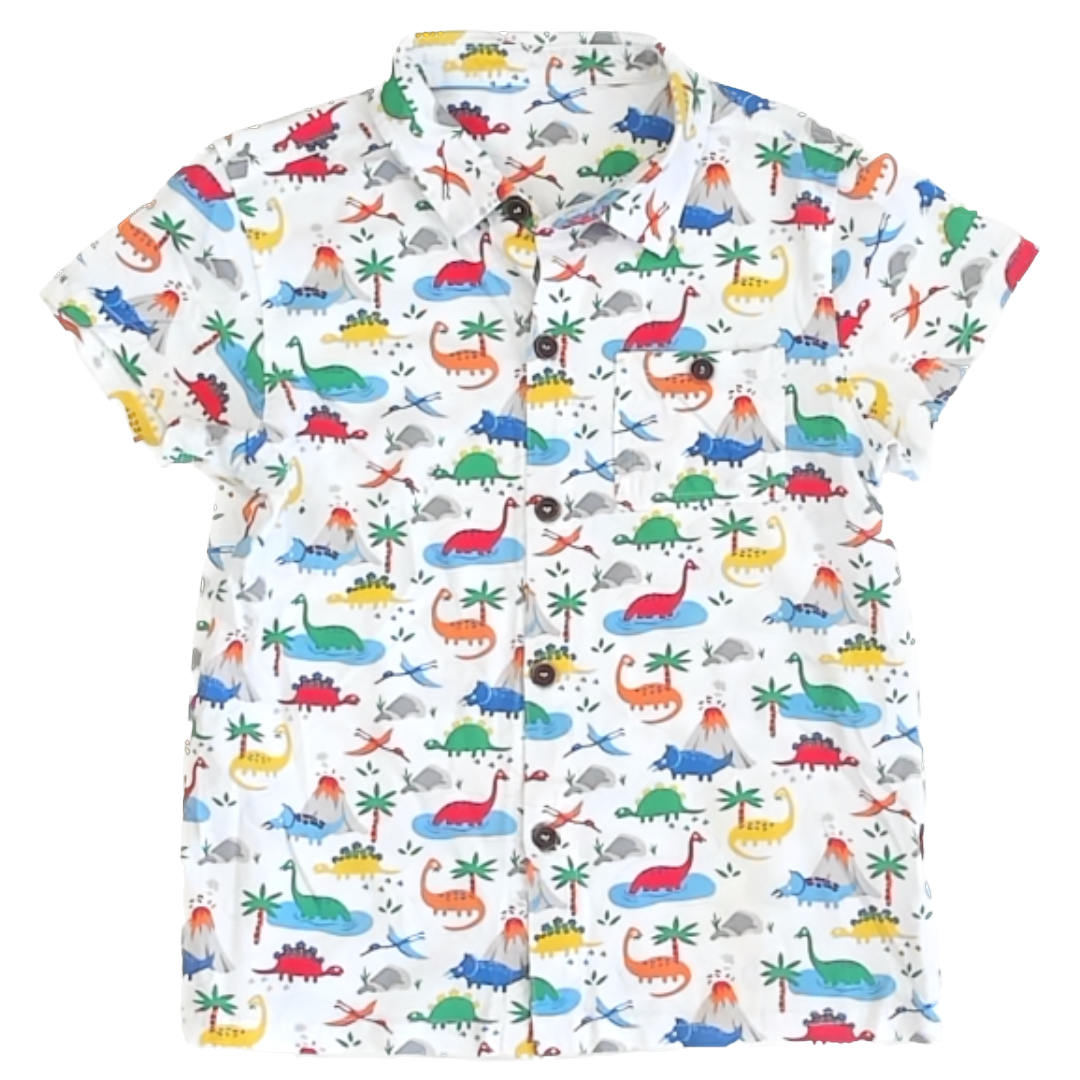 Unknown Boys White | Dinosaurs Button Down Short Sleeve Size: 7-8 Years White | Dinosaurs
