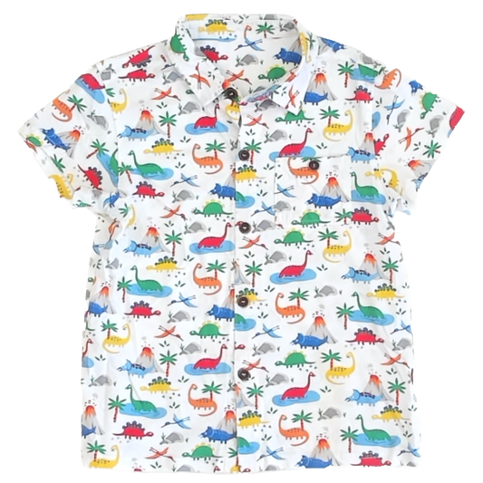 Unknown Boys White | Dinosaurs Button Down Short Sleeve Size: 7-8 Years White | Dinosaurs