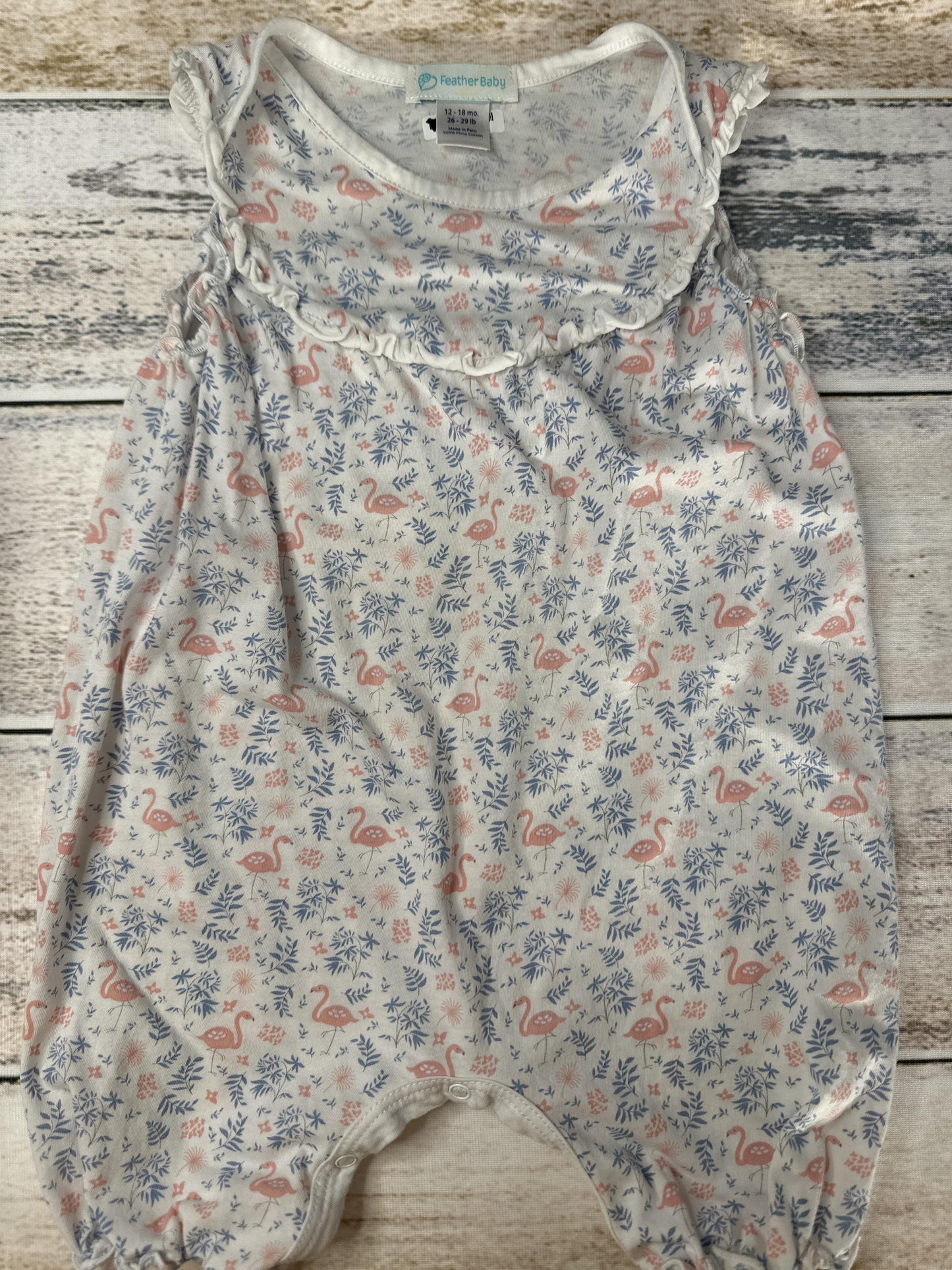 Feather Baby Girls White | Flamingos | Blue Romper Size: 12-18 months White | Flamingos | Blue