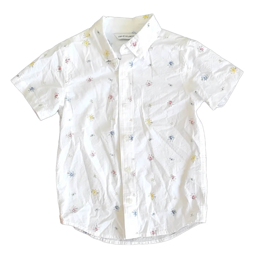 Janie & Jack Boys White Floral Button Down Short Sleeve Size: 5T White Floral