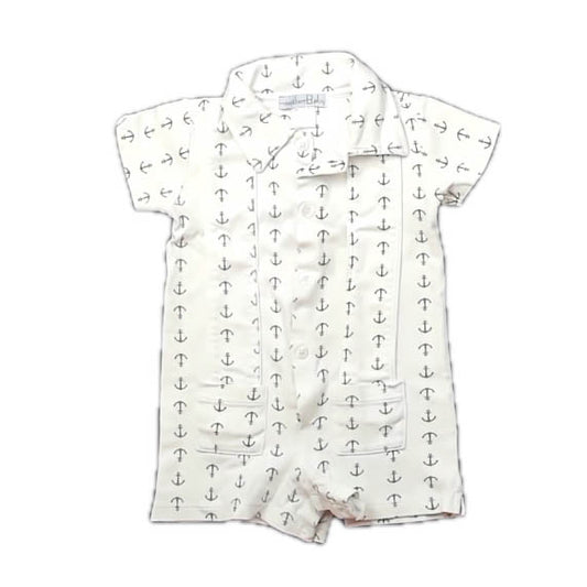 Feather Baby Boys White | Gray Anchors Romper Size: 6-9 Months White | Gray Anchors