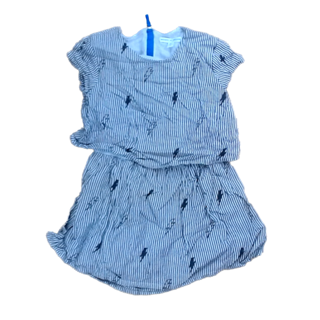 Rockets Of Awesome Girls White | Gray Silver Thin Stripes | Two Tiered Dress Size: 5T White | Gray Silver Thin Stripes | Two Tiered