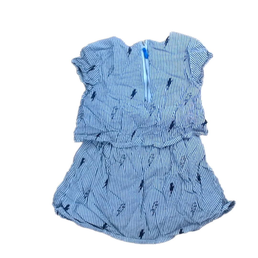 Rockets Of Awesome Girls White | Gray Silver Thin Stripes | Two Tiered Dress Size: 5T White | Gray Silver Thin Stripes | Two Tiered