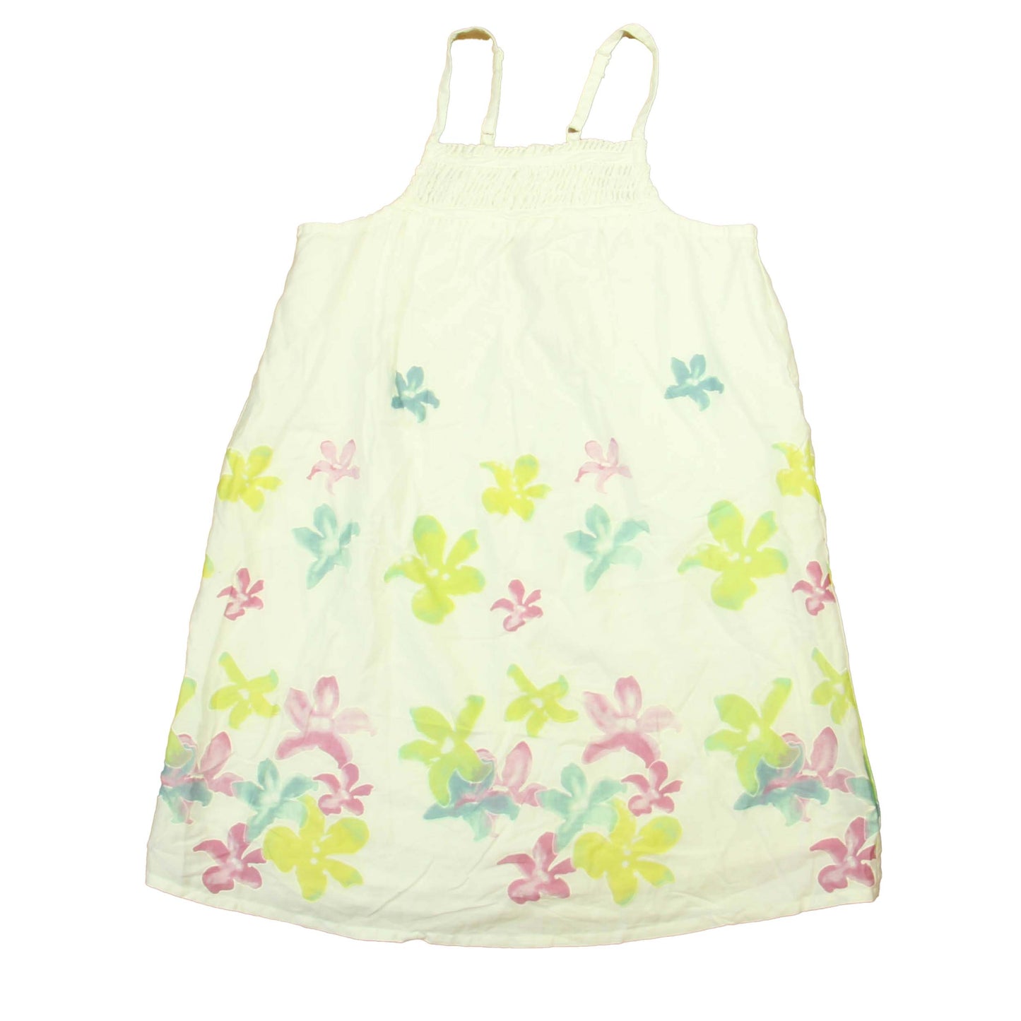 Okaidi Girls White | Green | Blue Floral Dress Size: 10 Years