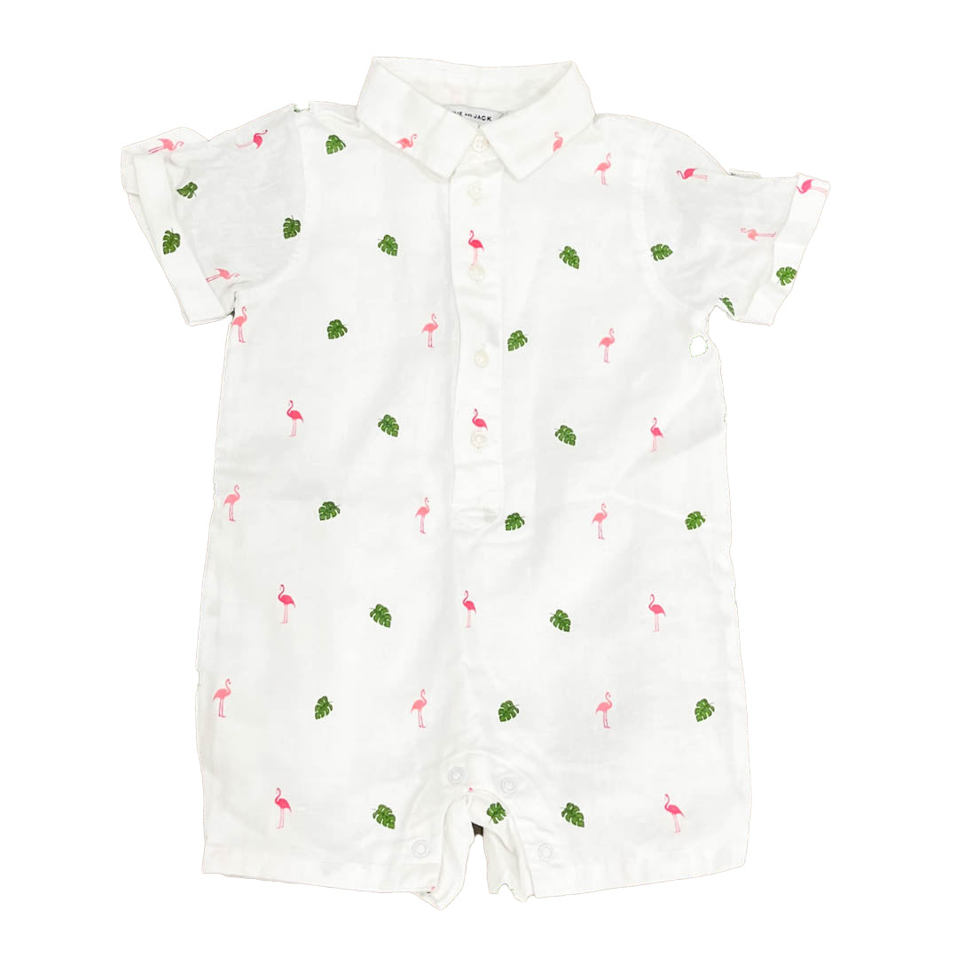 Janie and Jack Boys White | Green | Pink Flamingos Romper Size: 6-12 Months
