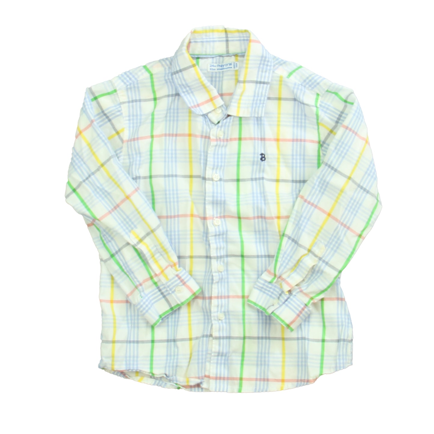 Mayoral Boys White | Green | Yellow Plaid Button Down Long Sleeve Size: 24 Months White | Green | Yellow Plaid