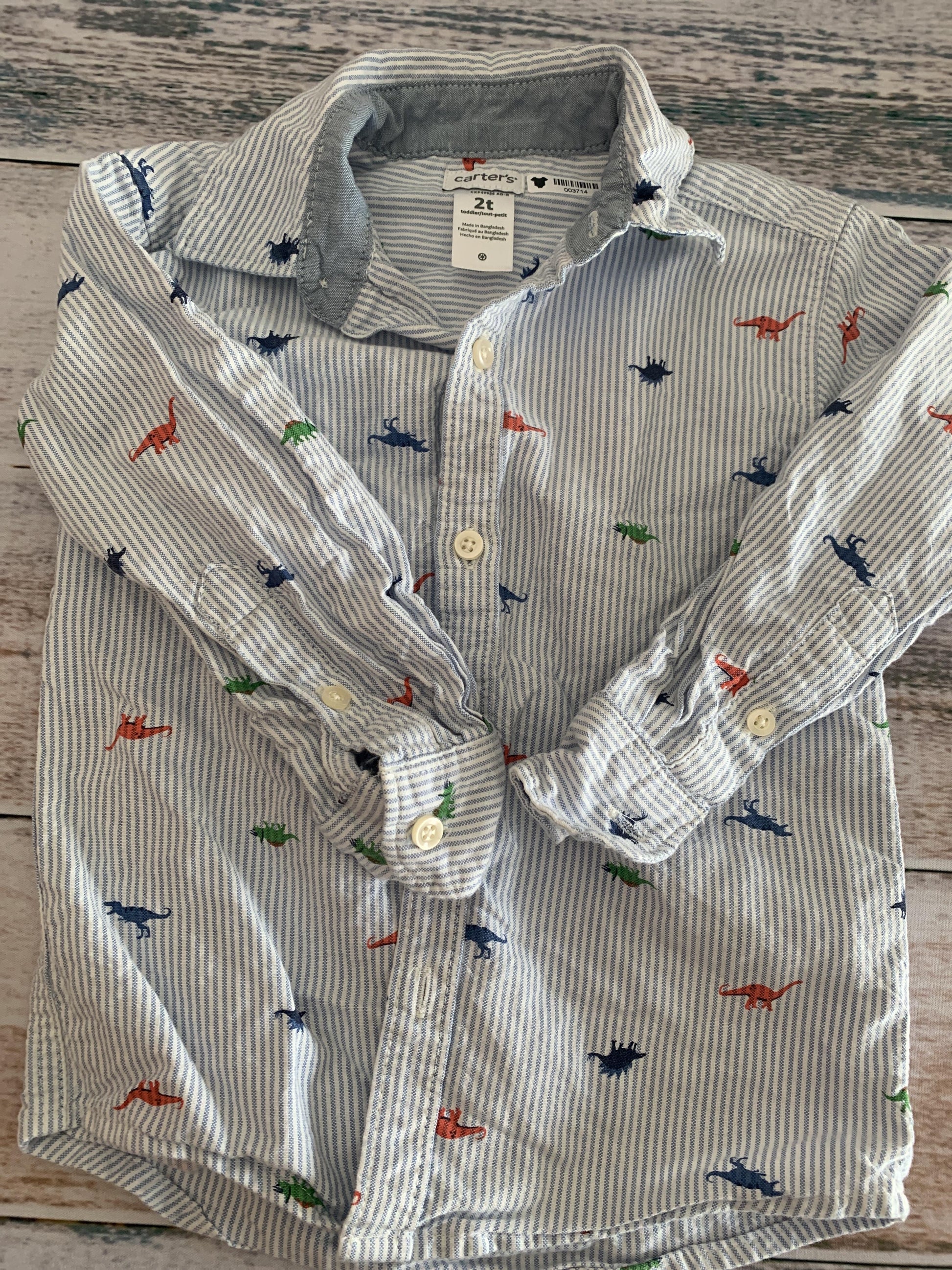 Boys White | Light Blue | Stripe | Dinosaur Button Down Short Sleeve Size: 2T White | Light Blue | Stripe | Dinosaur