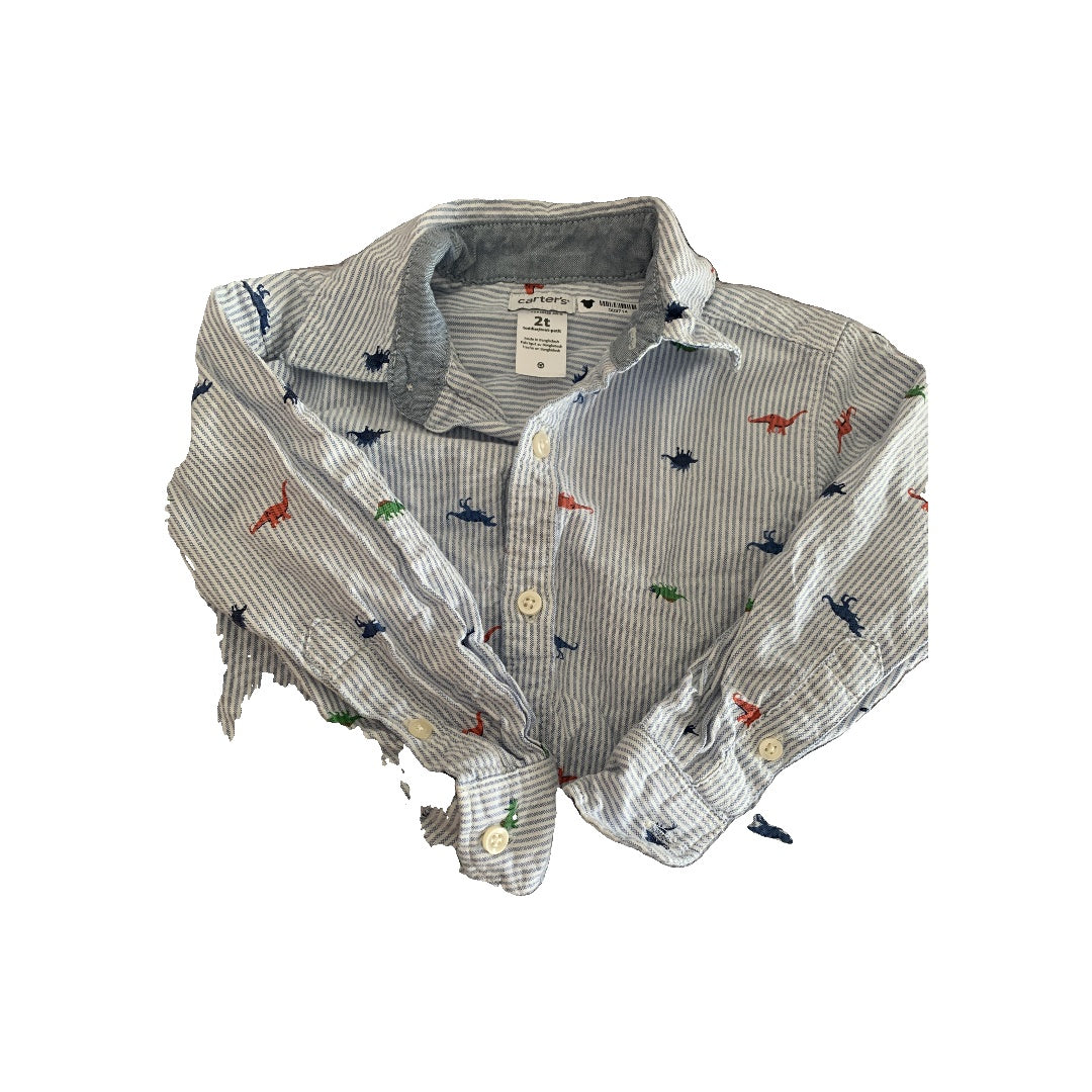 Boys White | Light Blue | Stripe | Dinosaur Button Down Short Sleeve Size: 2T White | Light Blue | Stripe | Dinosaur