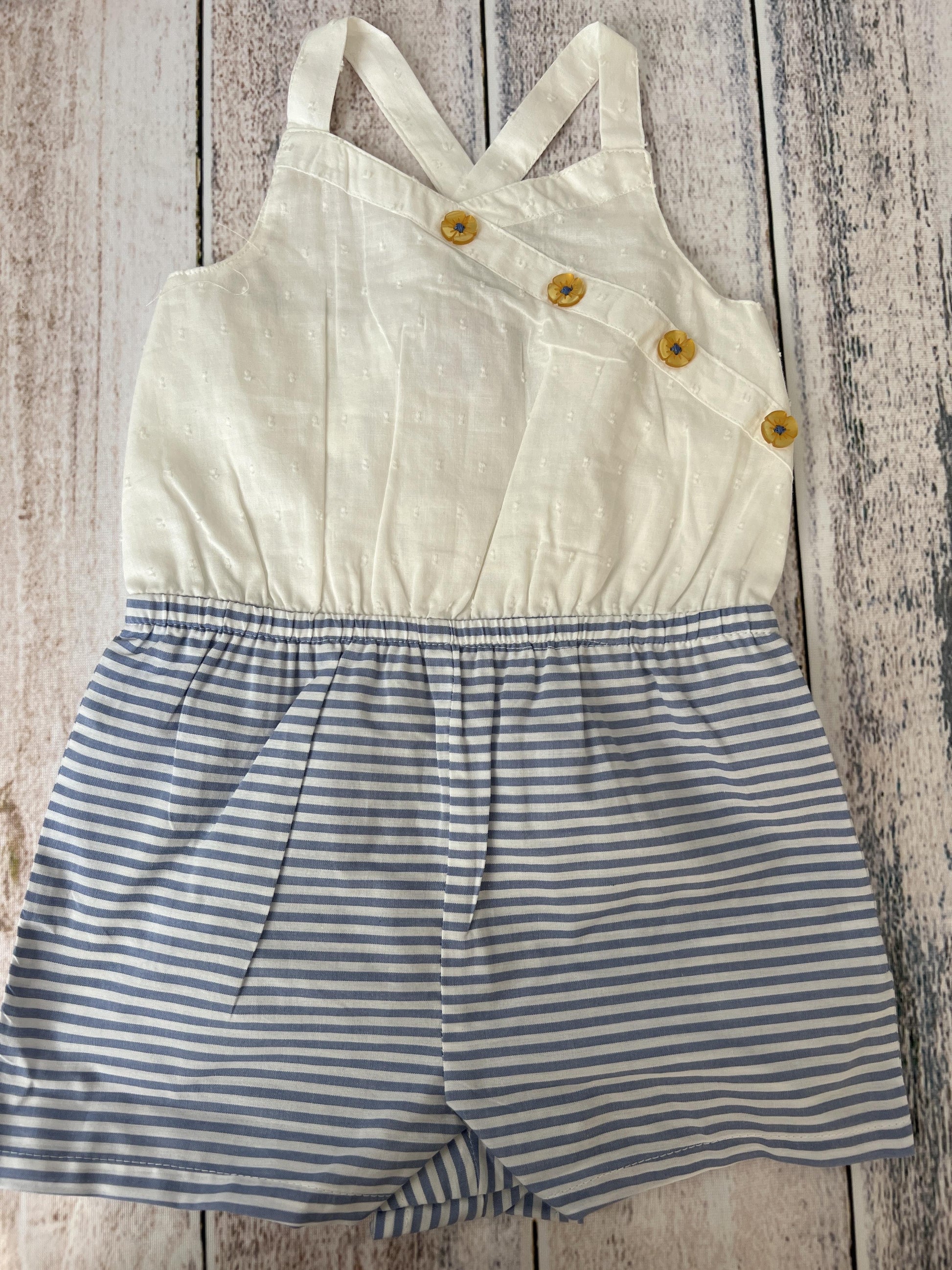 Emmas Garden Girls White | Light Blue | Stripe Romper Size: 24 months White | Light Blue | Stripe