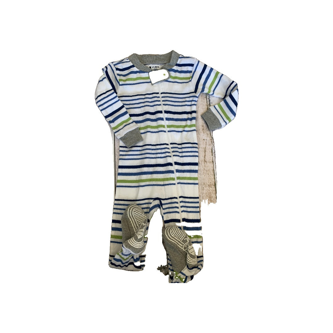 Burt's Bees Boys White | light green | Navy Blue | Stripe Pajamas Size: 6-9 months White | light green | Navy Blue | Stripe