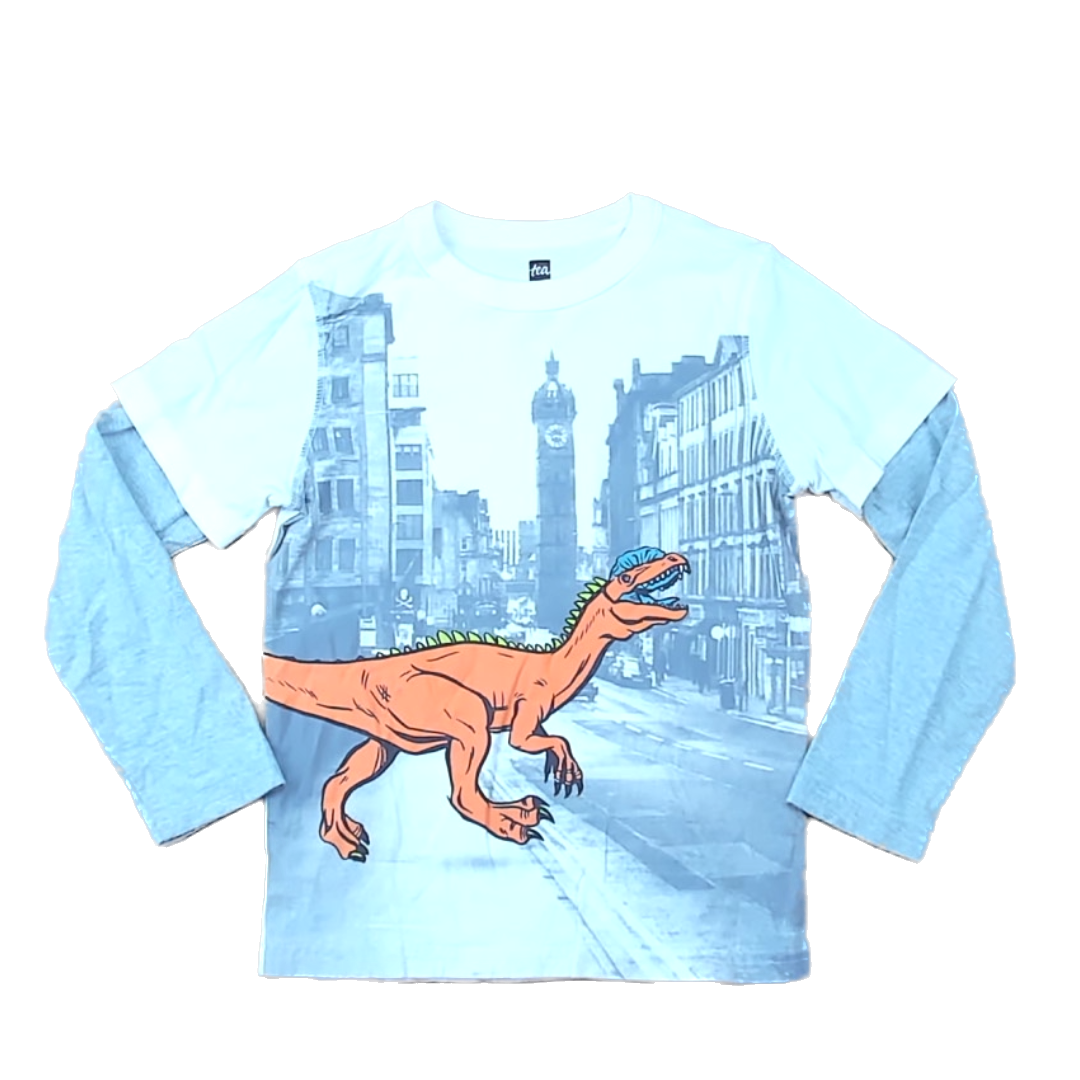 Tea Collection Boys White | London Orange | Dino Short Sleeve Tops Size: 7 Years White | London Orange | Dino