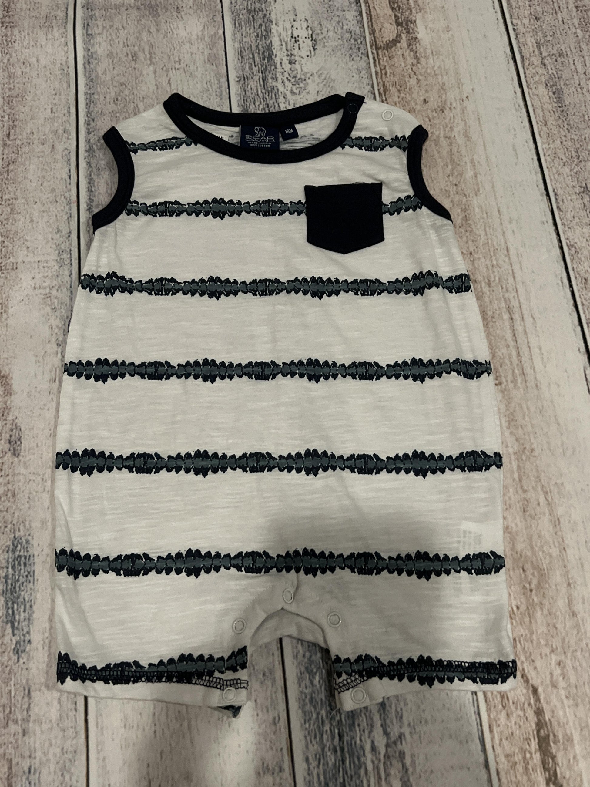 Bear Camp Boys White | Navy Blue | Pattern Romper Size: 18 months White | Navy Blue | Pattern