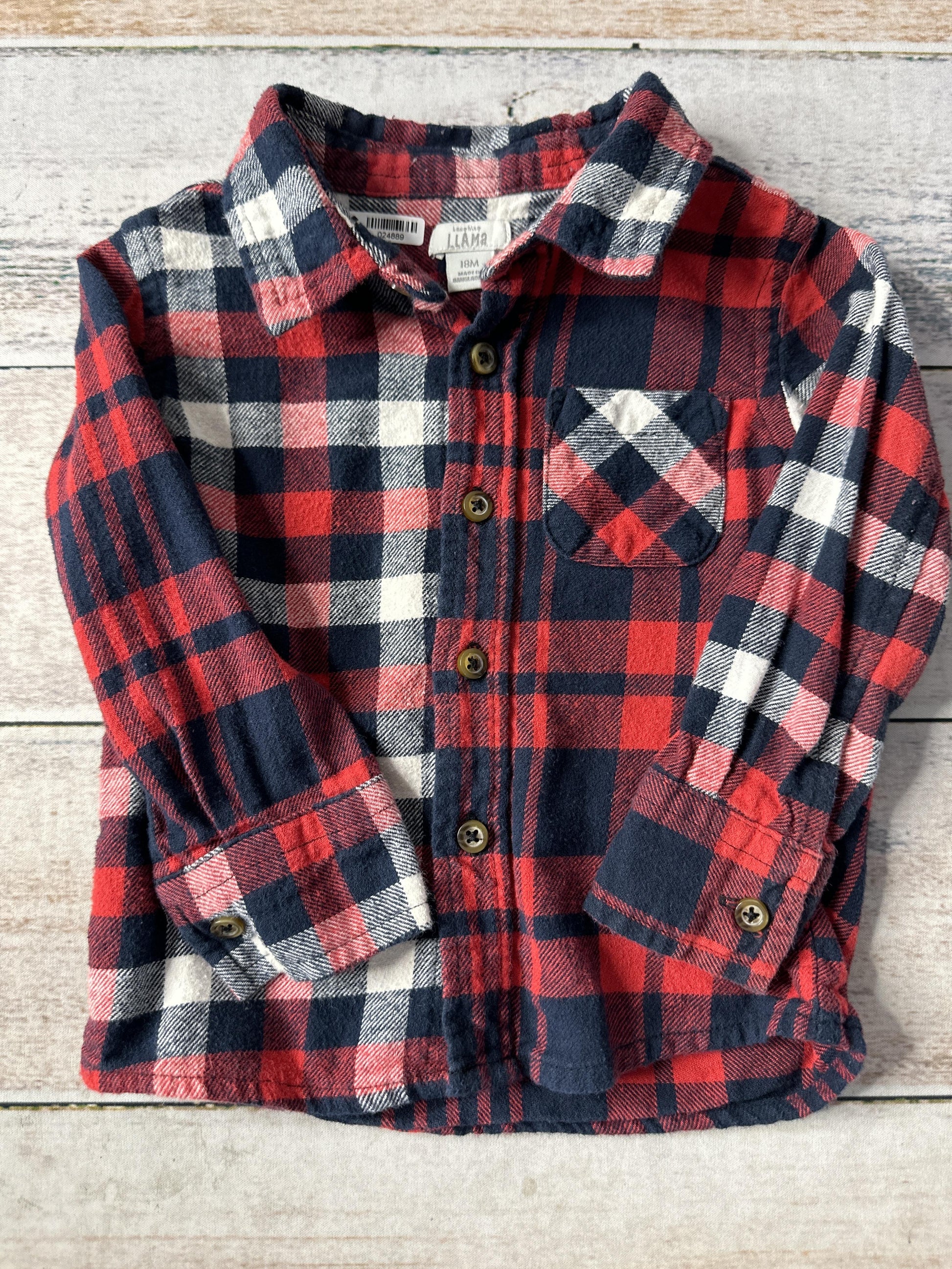 Laughing Llama Boys White | Navy Blue | Red Button Down Short Sleeve Size: 18 months White | Navy Blue | Red