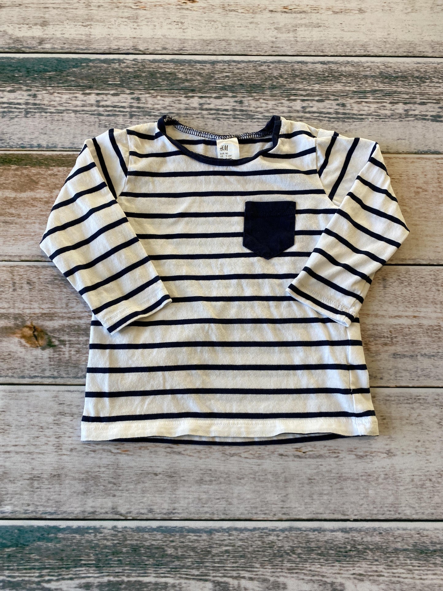 H&M Boys White | Navy Blue | Stripe Long Sleeve Shirt Size: 9-12 Months White | Navy Blue | Stripe