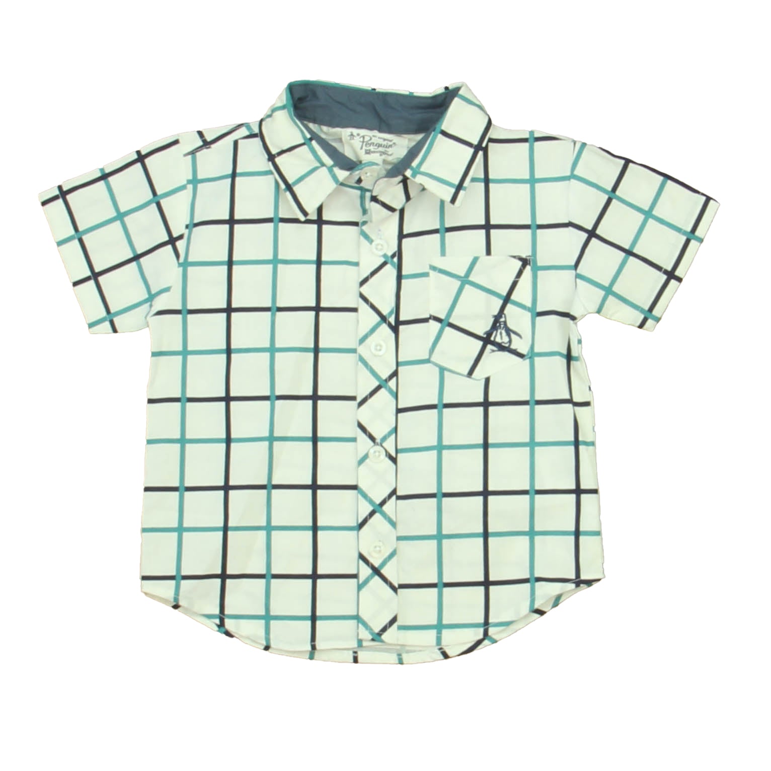 Penguin Boys White | Navy | Green Button Down Short Sleeve Size: 12 Months White | Navy | Green