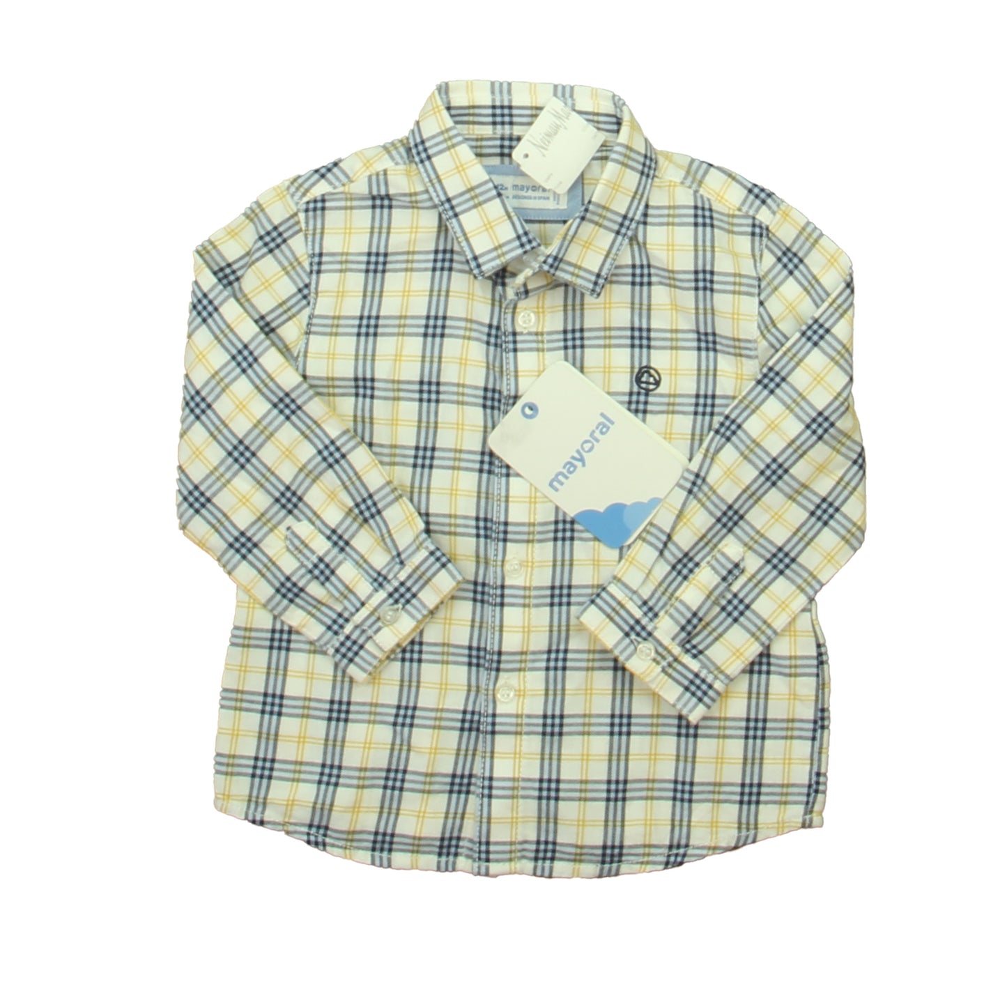 Mayoral Boys White | Navy Plaid Button Down Long Sleeve Size: 12 Months White | Navy Plaid
