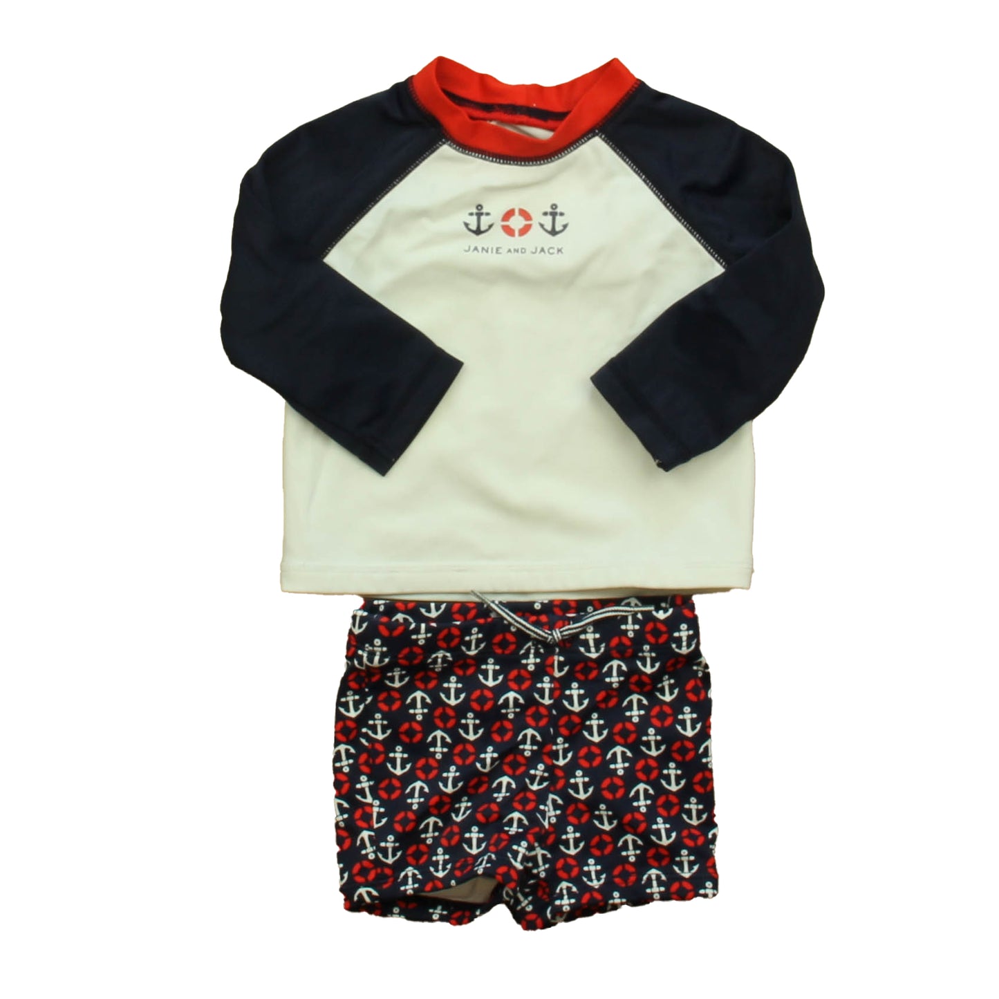 Janie and Jack Boys White | Navy | Red 2-piece Swimsuit Size: 3-6 Months White | Navy | Red