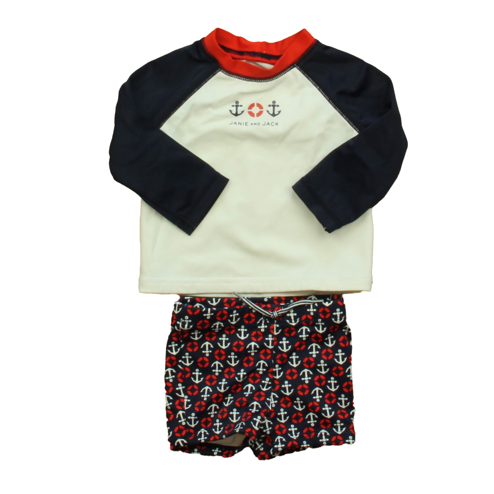Janie and Jack Boys White | Navy | Red 2-piece Swimsuit Size: 3-6 Months White | Navy | Red