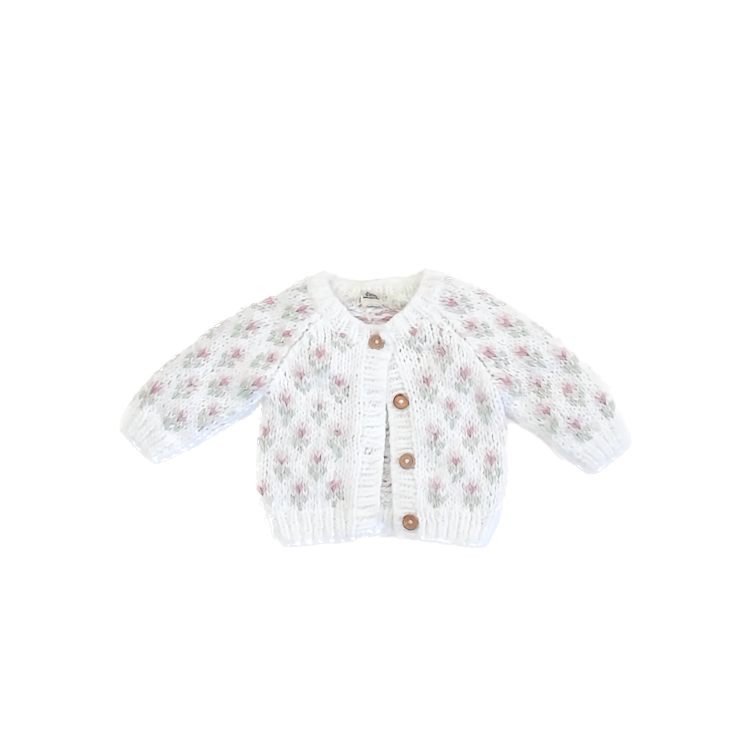 Huggalugs Girls White | Pink Floral Cardigan Size: 12-18 Months White | Pink Floral