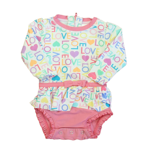 Ruffle Butts Girls White | Pink Love 1-piece Swimsuit Size: 6-12 Months White | Pink Love
