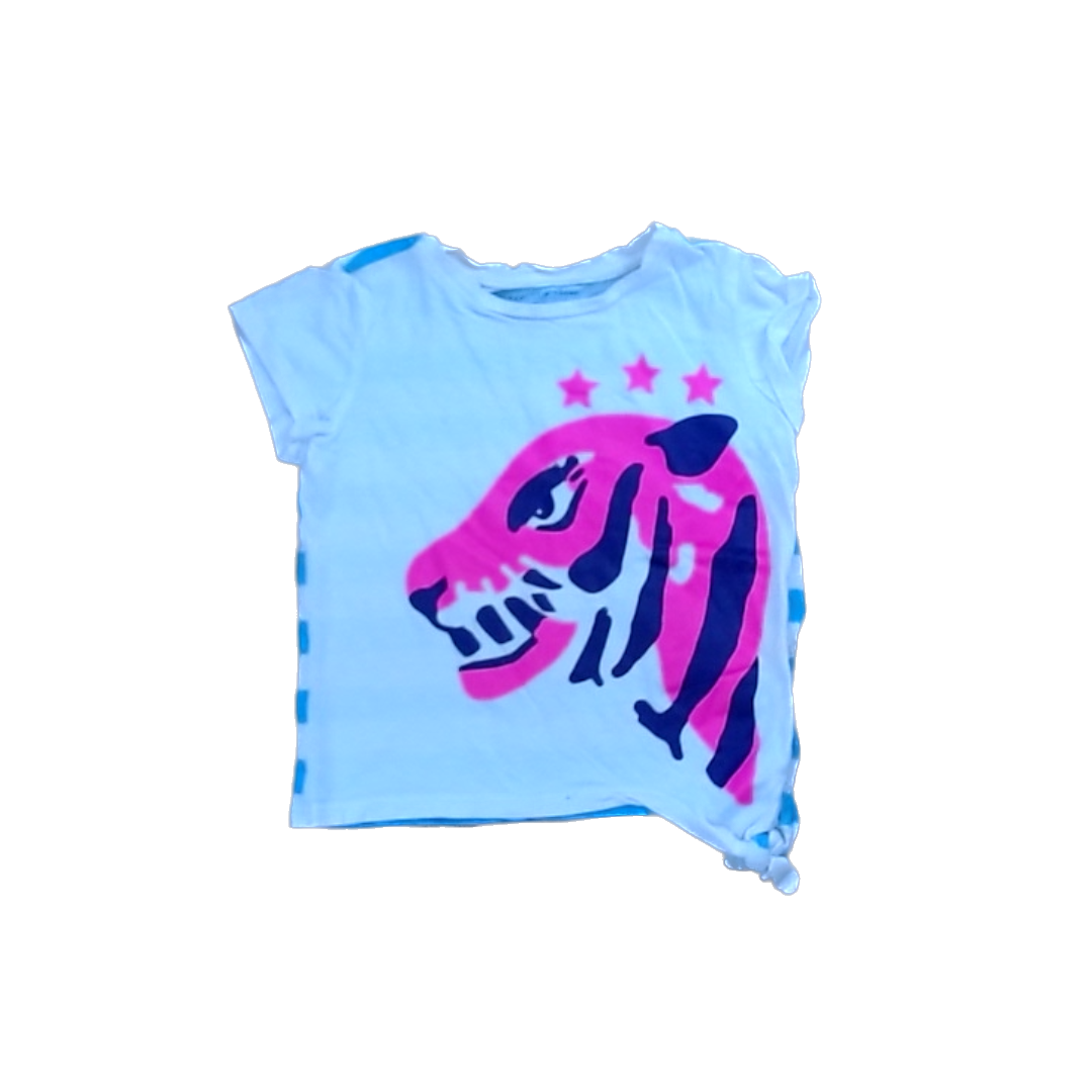 Rockets Of Awesome Girls White | Pink Tiger | Blue and White Stripe Back Short Sleeve Shirt Size: 3T White | Pink Tiger | Blue and White Stripe Back
