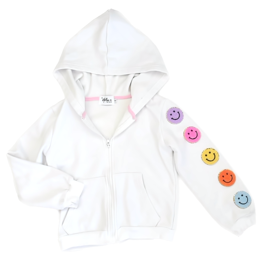 Lola + the boys Girls White | Rainbow Smiley Face Hoodie Size: 6 Years White | Rainbow Smiley Face