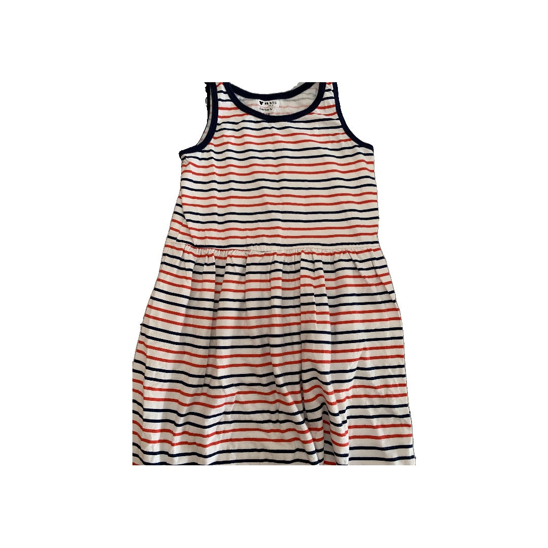 Carters Girls White | Red | Navy Blue | Striped Dress Size: 4T White | Red | Navy Blue | Striped