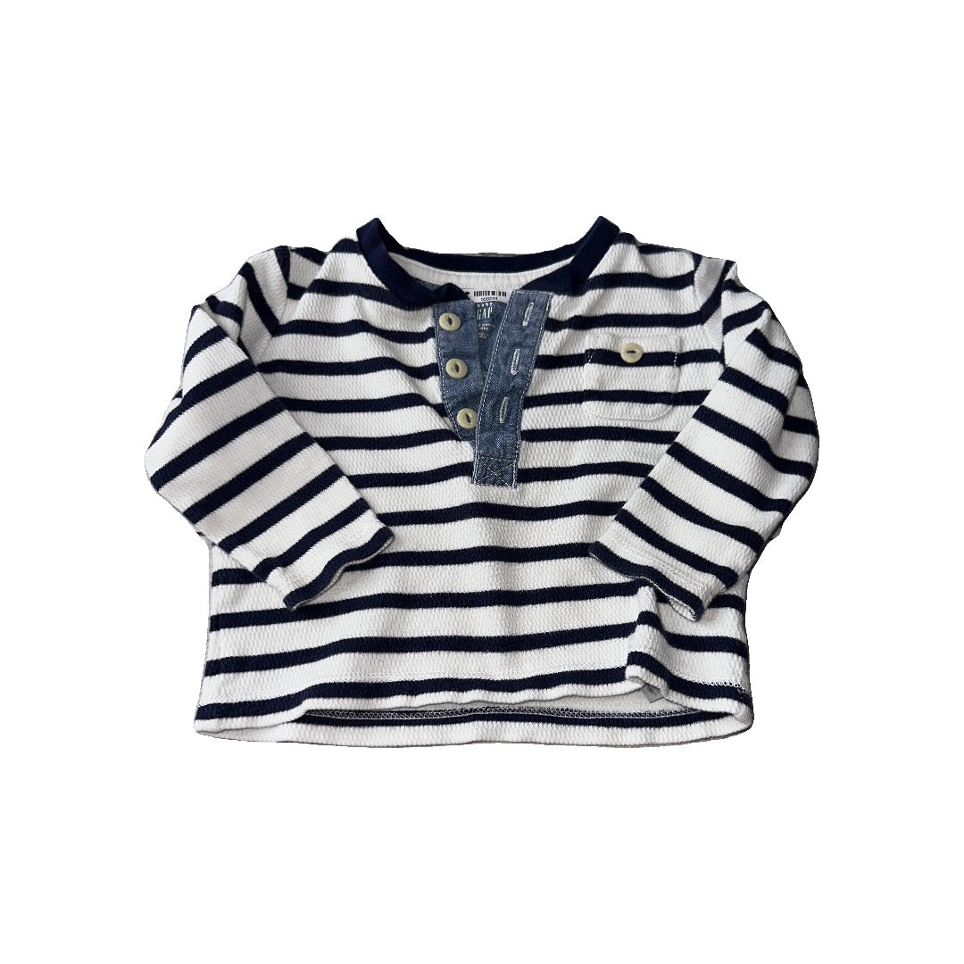 Gap Boys White | Striped | Navy Blue Long Sleeve T-Shirt Size: 6-12 months White | Striped | Navy Blue