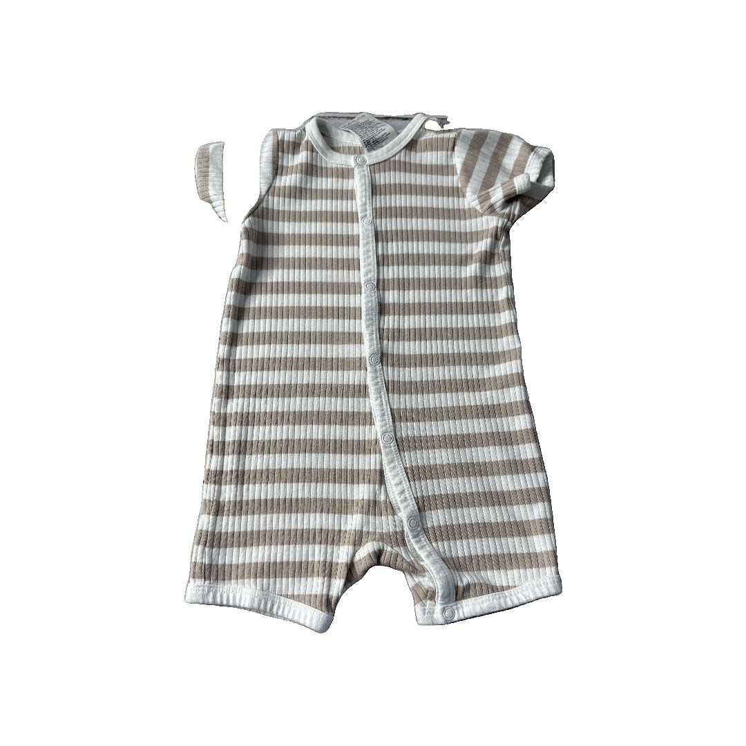 H&M Boys White | Tan | Brown | Stripe Romper Size: 9 months White | Tan | Brown | Stripe