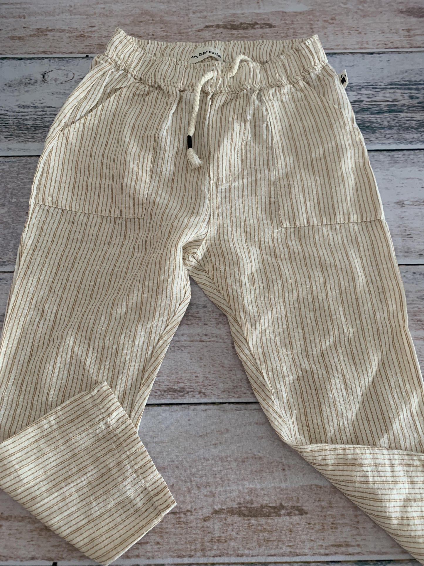 My Little Cozmo Boys White | Tan | Stripe Pants Size: 4T White | Tan | Stripe