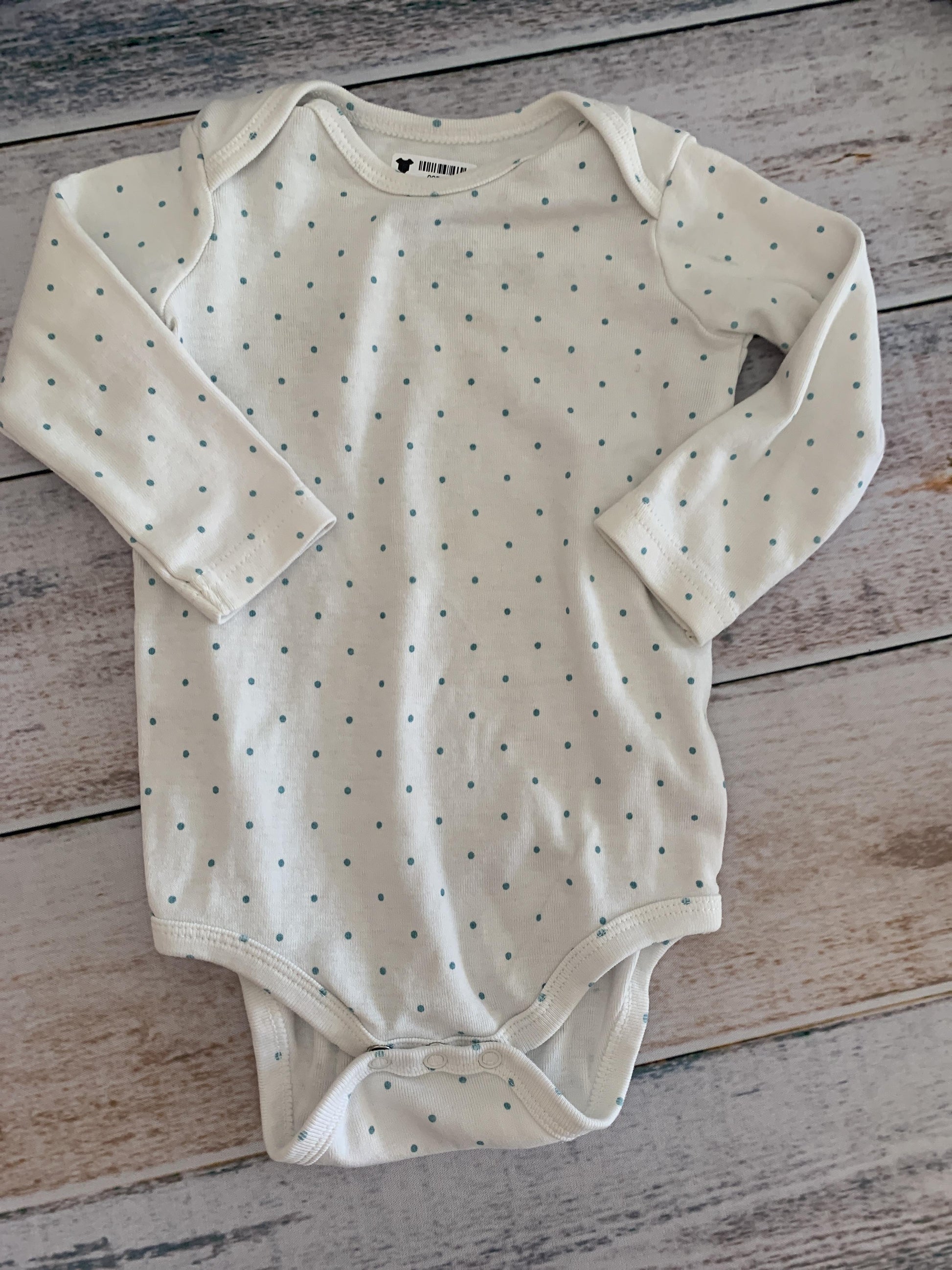 Primary Girls White | Teal | polka dot Onesie Size: 6-9 months White | Teal | polka dot