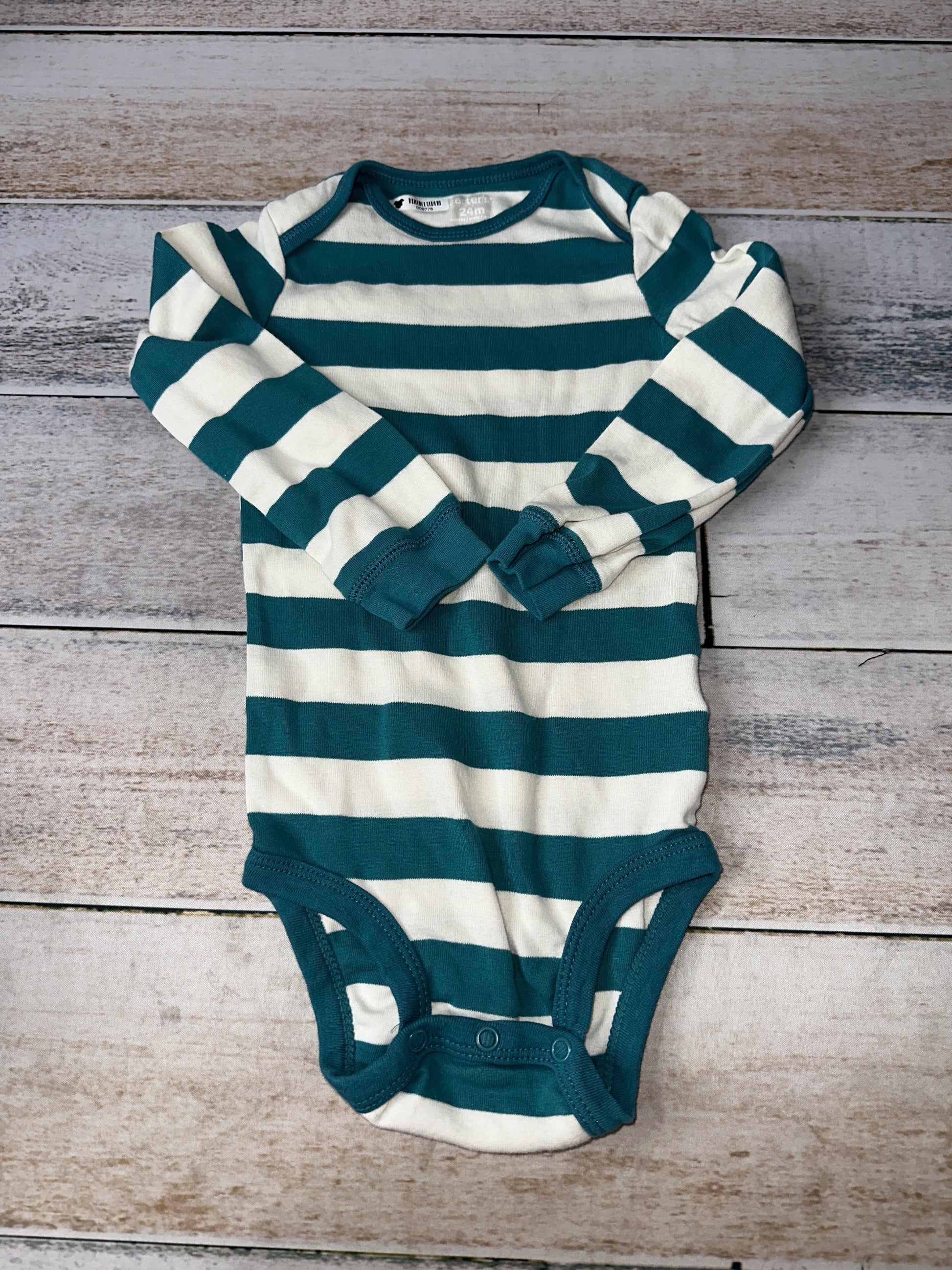 Carters Unisex White | Teal | Stripe Onesie Size: 24 months White | Teal | Stripe