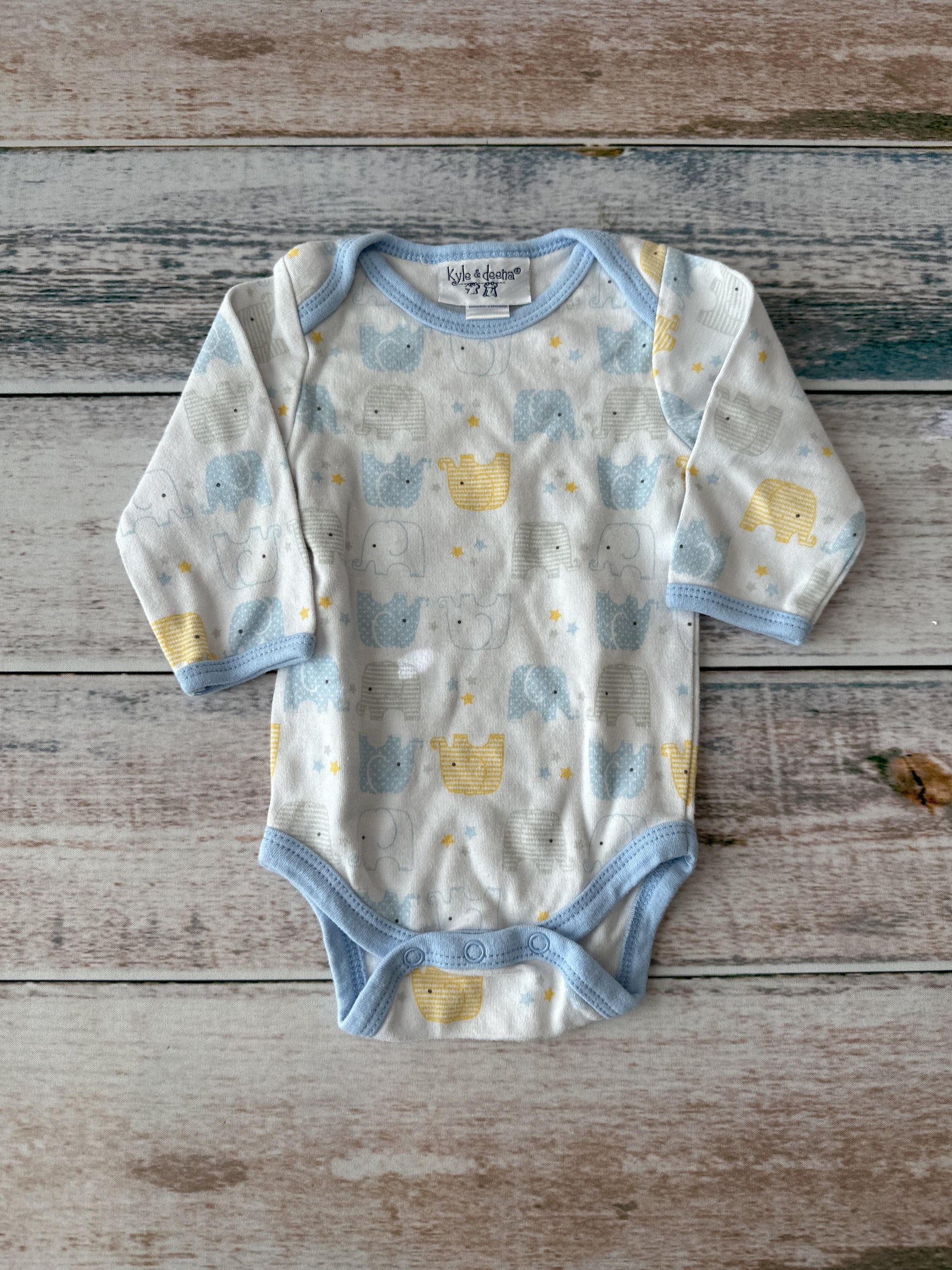 Kylee & Deena Boys White | Yellow | Blue | Elephant Onesie Size: 3-6 months White | Yellow | Blue | Elephant